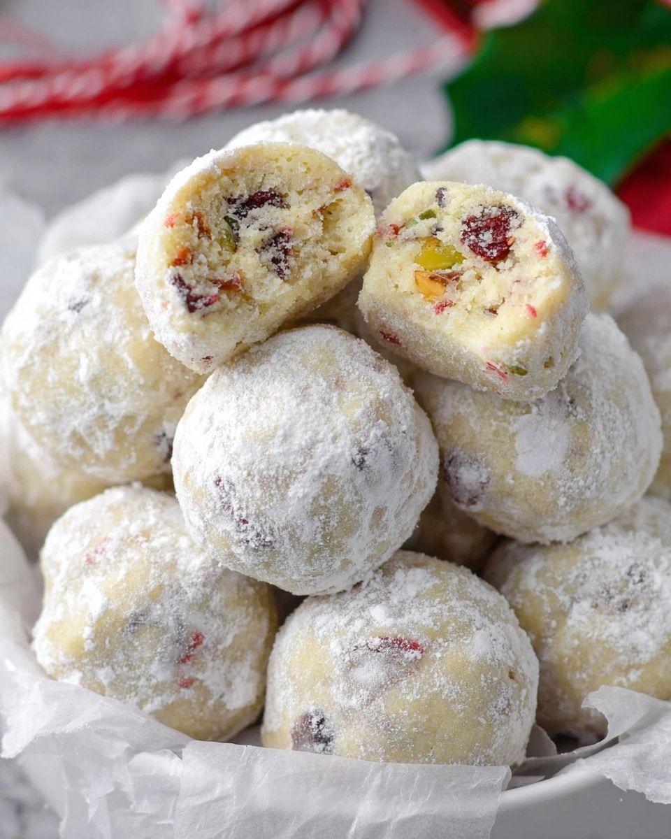 A close-up of round snowball cookies piled together in a white bowl lined with parchment paper, each cookie is light beige with bits of red and green visible inside, fully coated in a thick layer of white powdered sugar giving them a soft, powdery texture; one cookie is broken in half to show its creamy, slightly crumbly inside with colorful pieces of nuts and dried fruit. The background has a white marbled texture with a hint of a green leaf and red white twine. photo taken with an iphone --ar 4:5 --v 7