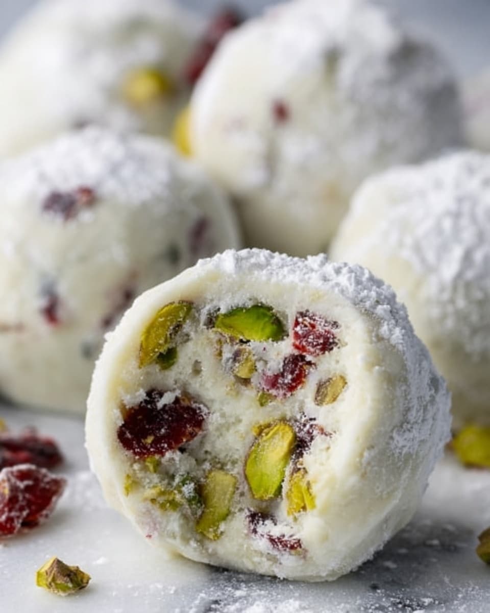 The image shows a close-up of a round, bite-sized white treat coated with a light dusting of powdered sugar. The inside reveals a creamy white base filled with small green pistachio pieces and red dried fruit bits, giving a colorful contrast within the smooth, soft texture. The treat is slightly open at the center, showing the mix of ingredients inside. The background is a white marbled surface with a few more similar treats blurred in the distance. photo taken with an iphone --ar 4:5 --v 7