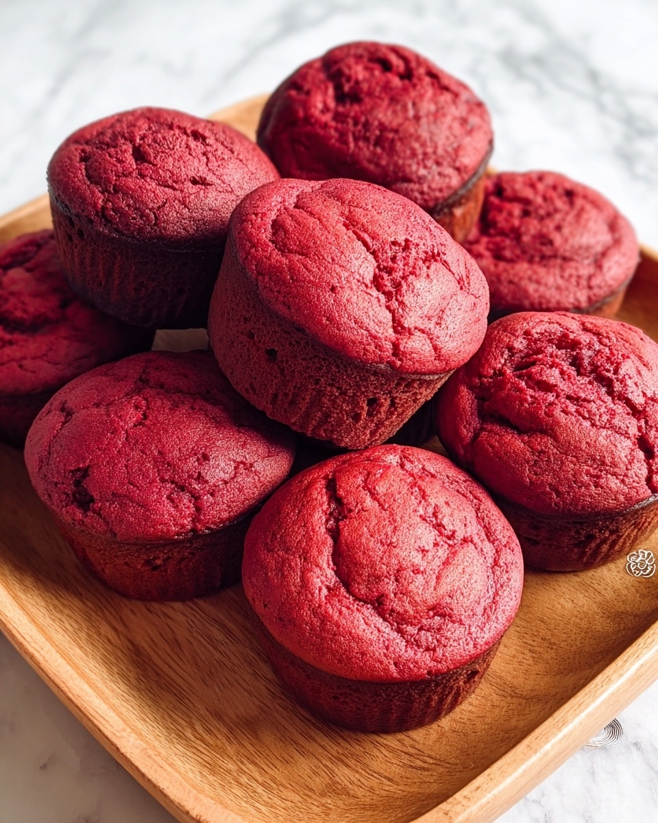 A wooden tray filled with a pile of bright red muffins, each muffin having a cracked, textured top and a smooth, darker red base. The muffins are slightly rounded on top and tightly grouped, showing their soft and moist appearance. The tray rests on a white marbled surface. photo taken with an iphone --ar 4:5 --v 7