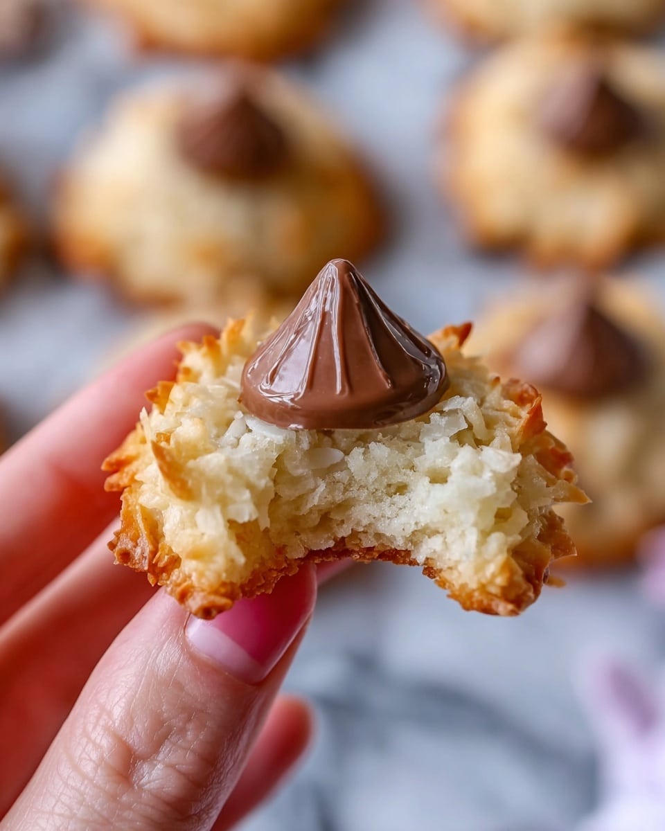 A close-up image shows a bitten cookie being held by a woman's hand. The cookie has two visible layers: a crispy golden-brown outside layer made from toasted shredded coconut, and a slightly soft, pale inside. In the center of the cookie sits a thick, solid, milk chocolate piece shaped like a kiss, with its smooth texture and triangular peak standing out clearly. The background shows more cookies slightly blurred on a white marbled surface. Photo taken with an iphone --ar 4:5 --v 7