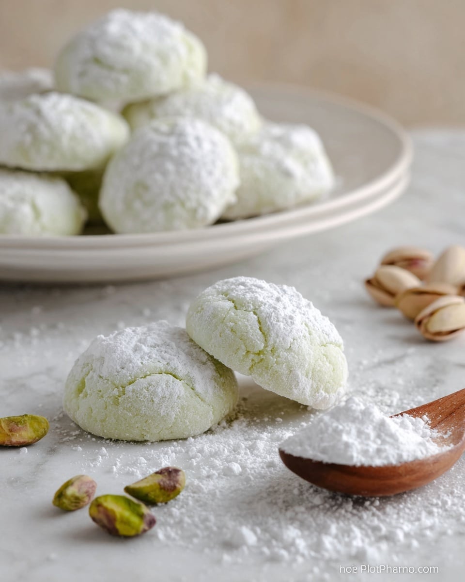 The image shows three pale green soft cookies coated with white powdered sugar placed on a white marbled surface. The cookies have a slightly cracked texture with the powdered sugar unevenly dusted on top. Behind them, there is a white plate piled with more of the same cookies. Scattered around are a few pistachio nuts in their shells. To the right, a wooden spoon holds a mound of white powdered sugar, with some sugar spilled onto the surface. The background has a soft, neutral tone that emphasizes the cookies, creating a fresh and clean look. Photo taken with an iphone --ar 4:5 --v 7