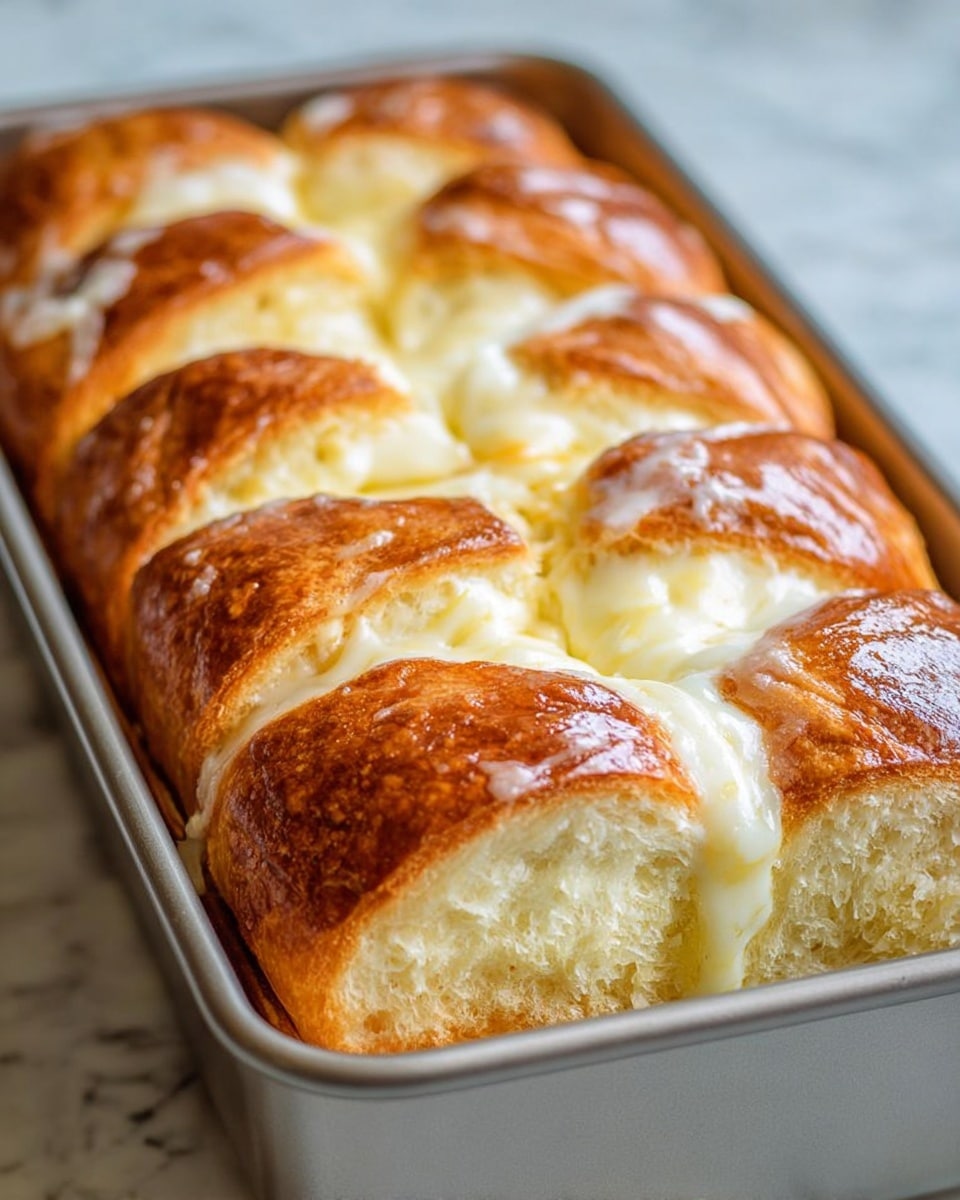 The image shows a close-up view of a loaf of bread baked in a silver loaf pan placed on a white marbled surface. The bread has seven thick, soft slices arranged side by side. Each slice is golden brown on top with a glossy, slightly shiny texture. Between the slices, there is melted white cheese gently oozing out, stretching slightly and adding a creamy contrast to the warm golden crust. The bread's inside looks fluffy and light yellow, showing a soft texture beneath the crispy top layer. Photo taken with an iphone --ar 4:5 --v 7