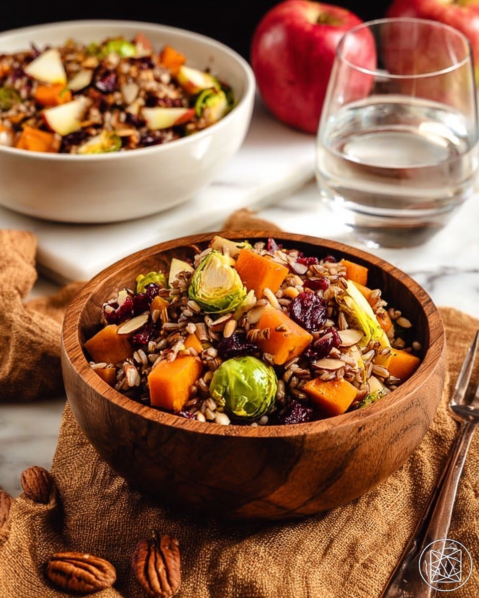 A wooden bowl filled with a colorful mixed salad sitting on a textured burlap cloth over a white marbled surface. The salad has several layers including chunks of orange roasted butternut squash, bright green toasted Brussels sprout leaves, brown wild rice, small pieces of red apple, and thin slices of almond on top. There are also dark red dried cranberries scattered throughout the salad, adding contrast to the mix. In the background, there is a glass of water and a white bowl blurred out, with two red apples resting nearby. Photo taken with an iphone --ar 4:5 --v 7