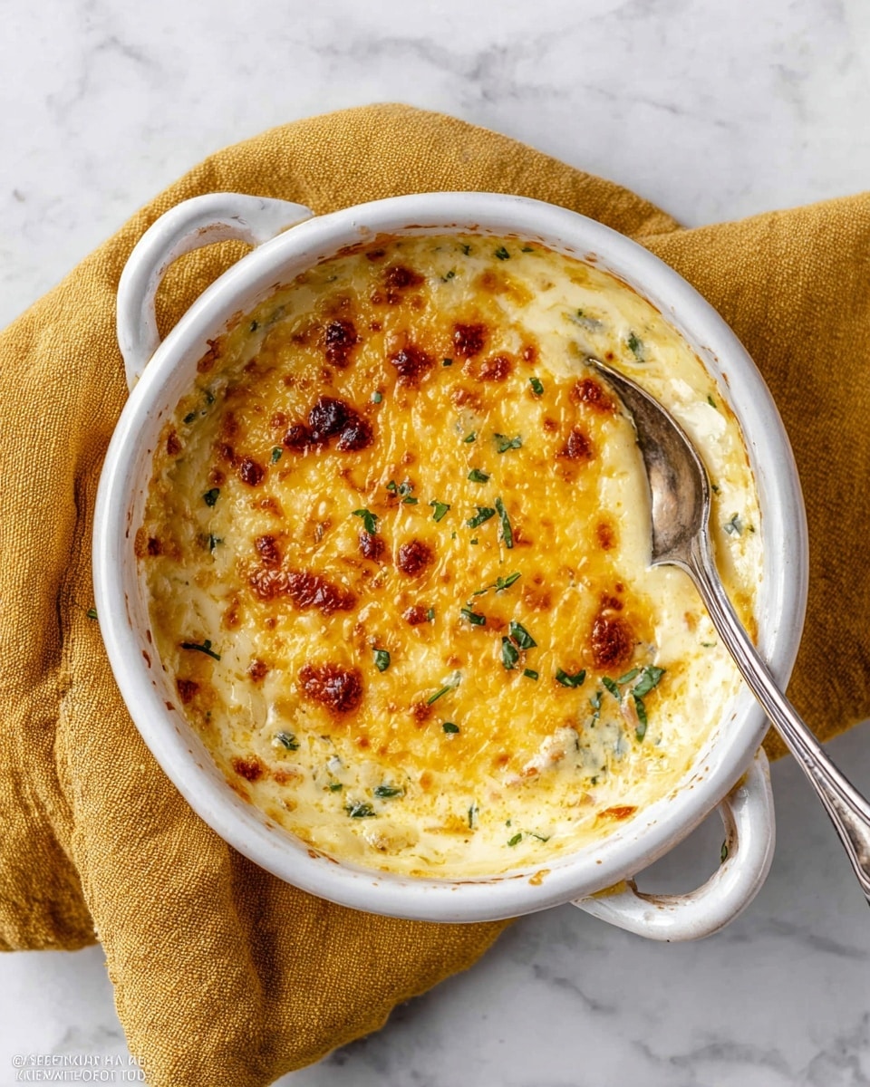 Three white bowls with handles hold a creamy baked dish with a golden browned top layer sprinkled with small green herb pieces. Each bowl is filled with two main layers: the top is a bubbly, melted cheese layer in warm yellow and brown shades, while the bottom layer shows a thick cream sauce mixed with small bits of herbs and ingredients. One bowl has a spoon scooping out part of the dish, revealing the smooth, light, and creamy texture beneath the crispy top. The bowls sit on a white marbled background with some scattered green herbs and a mustard-yellow cloth nearby. A small glass bottle filled with cumin seeds lies on the surface close to the bowls. photo taken with an iphone --ar 4:5 --v 7