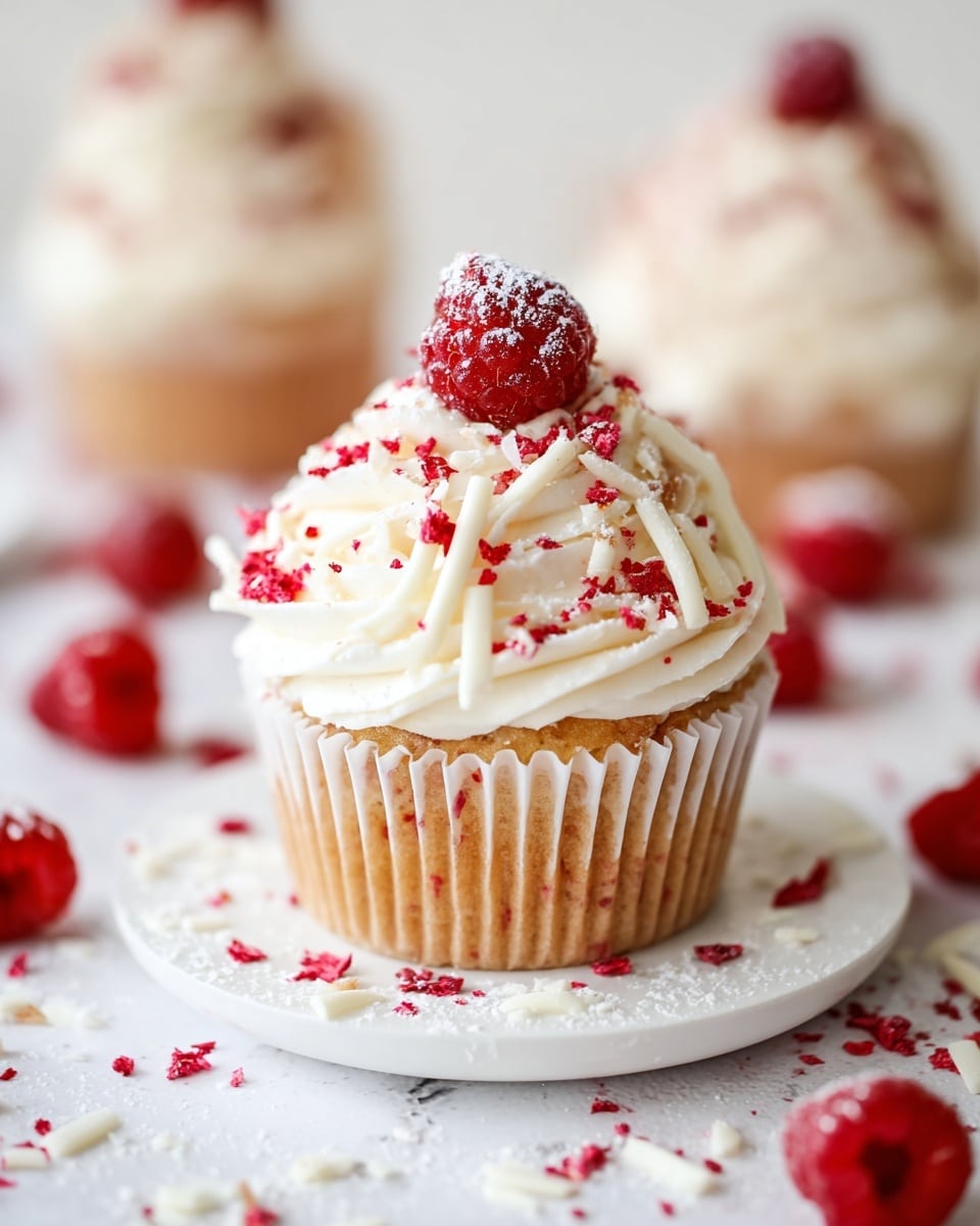 A single cupcake sits centered on a white plate with smooth white icing. The cupcake base is light golden brown with a white paper liner. The top is piled high with creamy white frosting swirled in soft peaks. Bright red freeze-dried raspberry bits are scattered all over the frosting with thin white chocolate shavings adding texture. A single fresh raspberry dusted with powdered sugar crowns the top of the frosting. Around the plate and on the white marbled surface are more raspberry bits, white chocolate shavings, and whole raspberries dusted in powdered sugar. In the background, there are blurred similar cupcakes. photo taken with an iphone --ar 4:5 --v 7