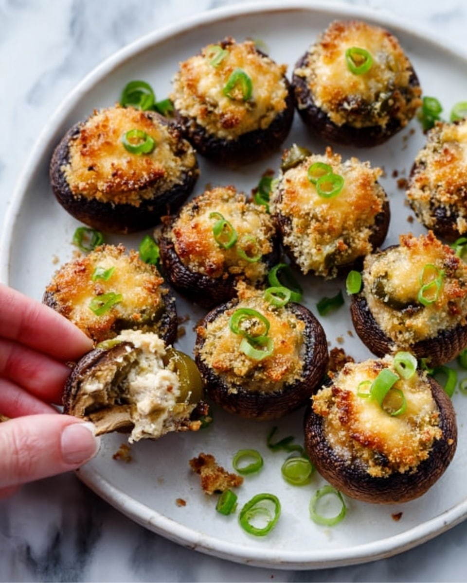 The image shows a white plate filled with baked mushrooms stuffed with a golden-brown cheesy topping mixed with breadcrumbs that look crispy. Each mushroom cap is dark brown and glossy, and the cheese on top is melted and slightly browned with some green onion slices sprinkled on the top and around the plate. Some mushrooms show a creamy filling inside with small pieces of jalapeno or green pepper visible. There is a woman's hand holding one of the mushrooms, lifting it to show the inside. The white marbled surface underneath the plate adds a clean and bright background to the scene. Photo taken with an iphone --ar 4:5 --v 7