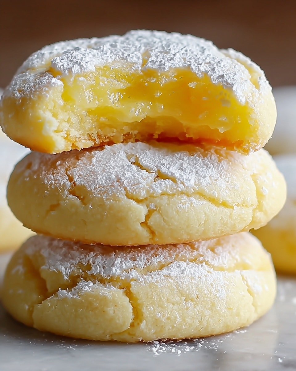 A close-up view of three soft, round lemon cookies stacked vertically on a white marbled surface, each cookie dusted with a light layer of white powdered sugar on top. The top cookie has a bite taken from its edge, revealing a moist and slightly gooey inside with a pale yellow color, showing a soft and chewy texture. The cookies have small cracks on their surface and edges, adding a rustic, homemade feel, with the bottom two cookies fully intact, soft yellow in color, and slightly thick. Photo taken with an iphone --ar 4:5 --v 7