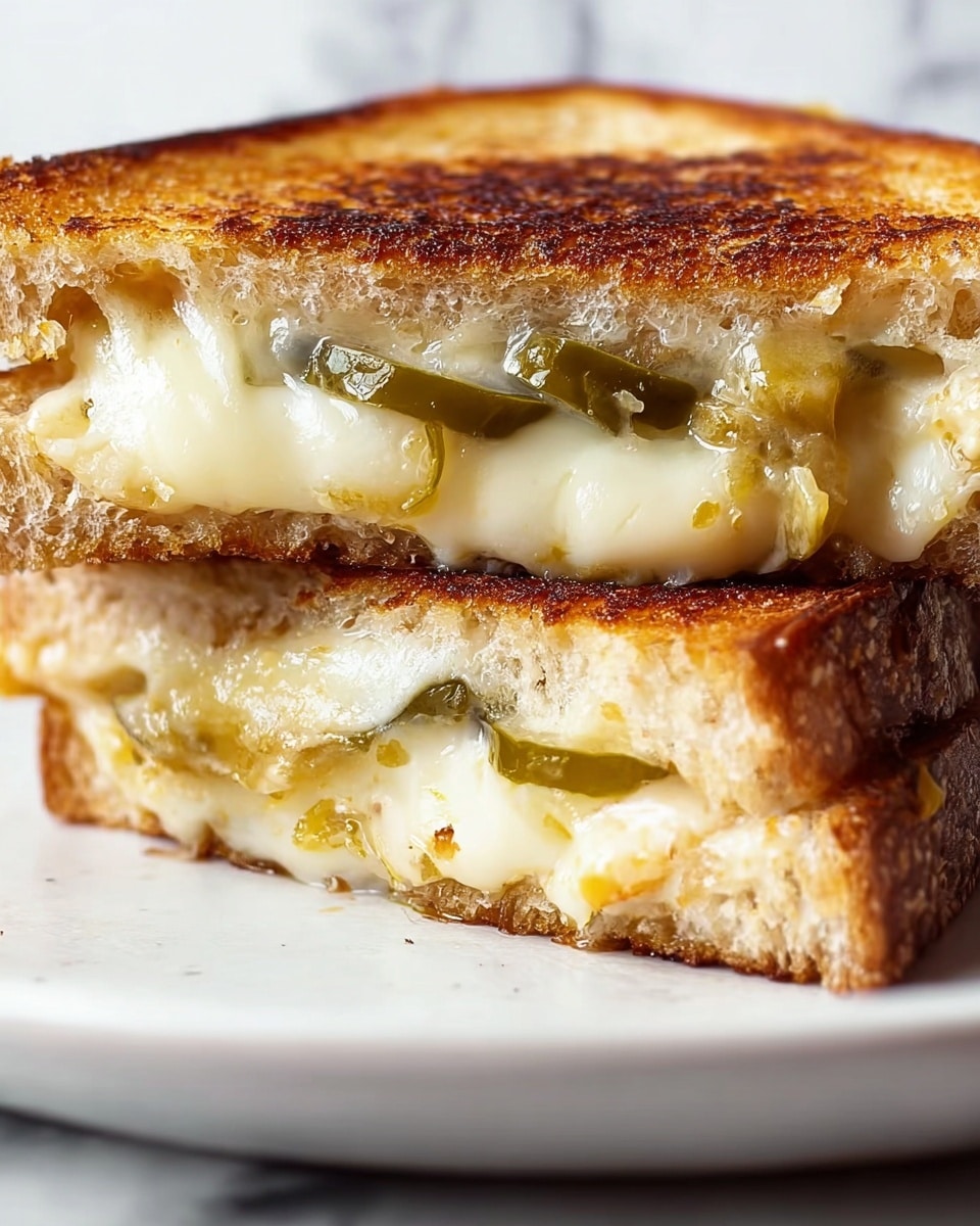 A close-up image shows a grilled cheese sandwich cut in half and stacked on top of each other on a white plate. The sandwich has three main layers: the top and bottom layers are toasted bread with a golden-brown crunchy texture and small air pockets inside. The middle layer is melted white cheese that looks gooey and creamy, with slices of green pickles peeking through the melted cheese. The sandwich is placed on a white marbled surface, and the photo is taken very close to show the details of the melted cheese and toasted bread. photo taken with an iphone --ar 4:5 --v 7