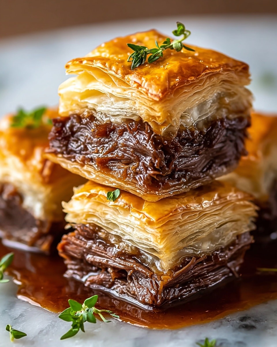 Three stacked square pieces of beef pie, each with a top layer of golden, flaky puff pastry showing multiple thin, crisp layers. Below the pastry is a thick middle layer of juicy, shredded dark brown beef with a glossy texture from sauce. The bottom layer appears to be more beef soaked in rich gravy pooling around the base. Small green herb sprigs rest on top for garnish. The background surface has a white marbled texture. photo taken with an iphone --ar 4:5 --v 7