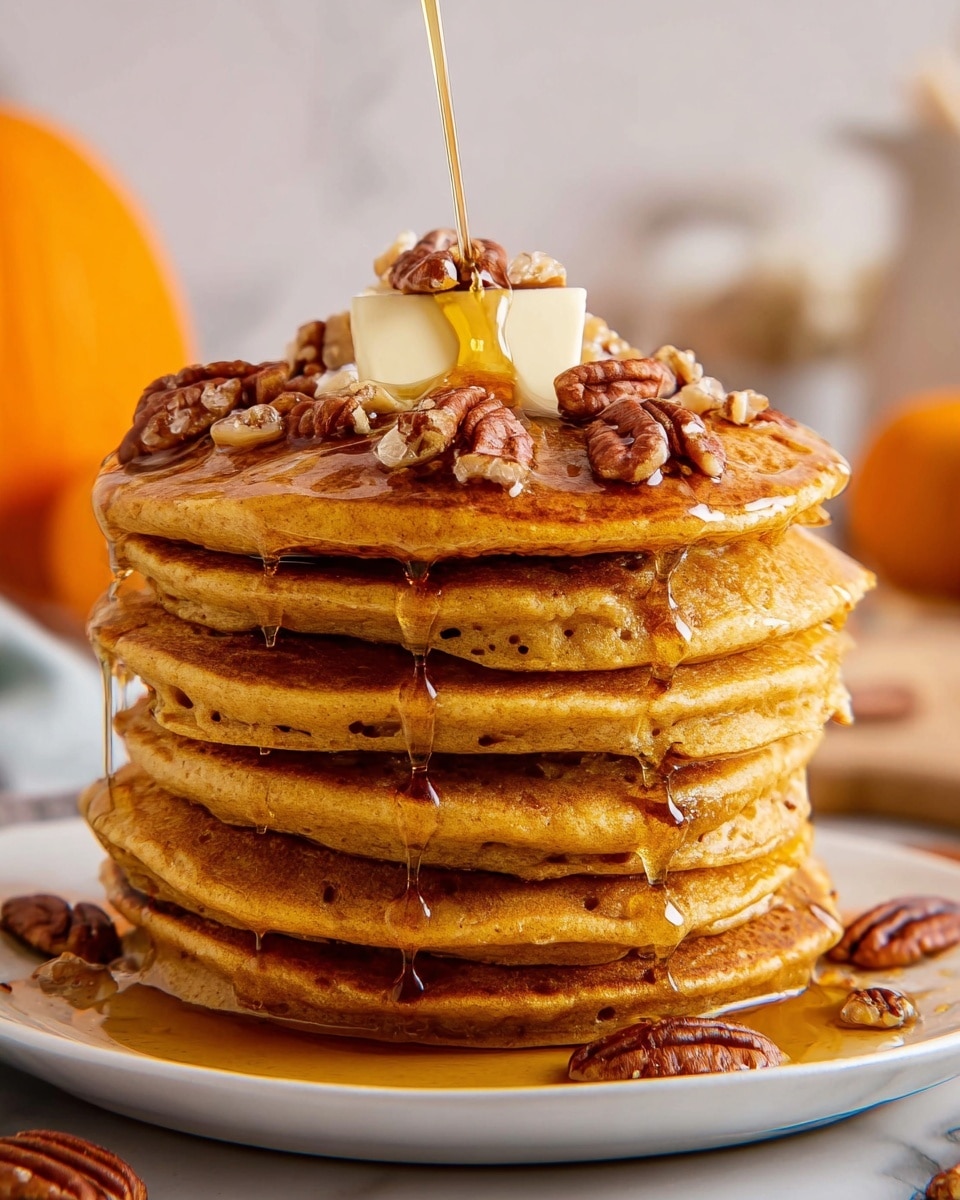A tall stack of seven thick, golden-brown pancakes sits on a white plate with smooth edges, placed on a white marbled surface. The pancakes appear light and fluffy with small air holes visible on the sides. At the very top, there is a square pat of creamy butter melting slightly, surrounded by scattered pieces of toasted pecans. Warm, amber syrup is being poured over the stack, running down the sides in glossy streams and pooling around the bottom pancake. Extra pecans are placed both on top and around the base of the stack, adding texture. The soft background shows a blurred orange pumpkin and other light-colored shapes. photo taken with an iphone --ar 4:5 --v 7