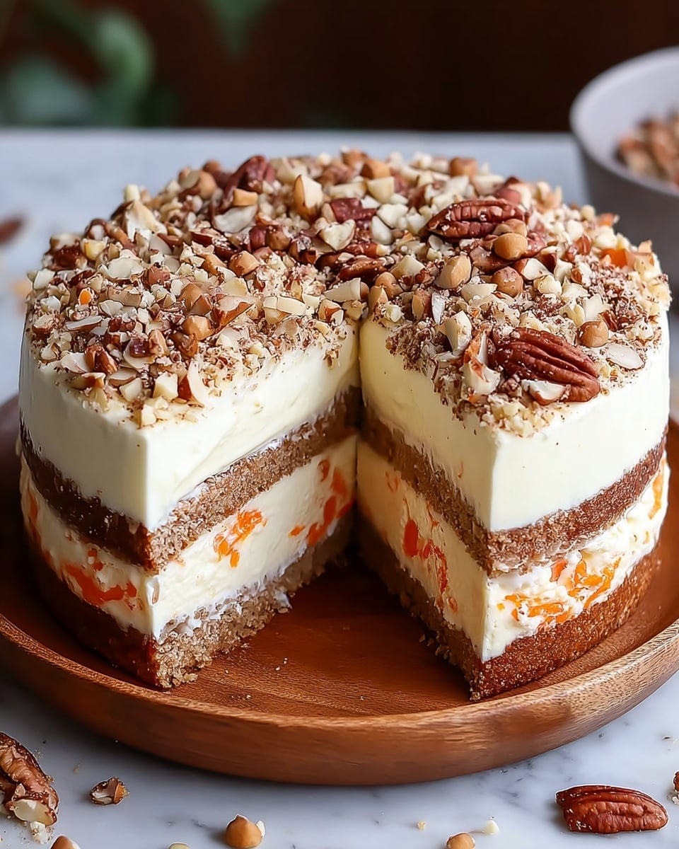 A round cake with four visible layers sits on a wooden plate against a white marbled surface. The bottom layer is dense and light brown, followed by a thick layer of white cream with shreds of orange carrots inside. Above this is another thin brown layer, then a smooth thick white cream layer on top. The cake is topped with a generous amount of crushed mixed nuts, including whole and chopped brown almonds and pecans scattered unevenly. A slice is cut out, showing the detailed texture inside. Photo taken with an iphone --ar 4:5 --v 7