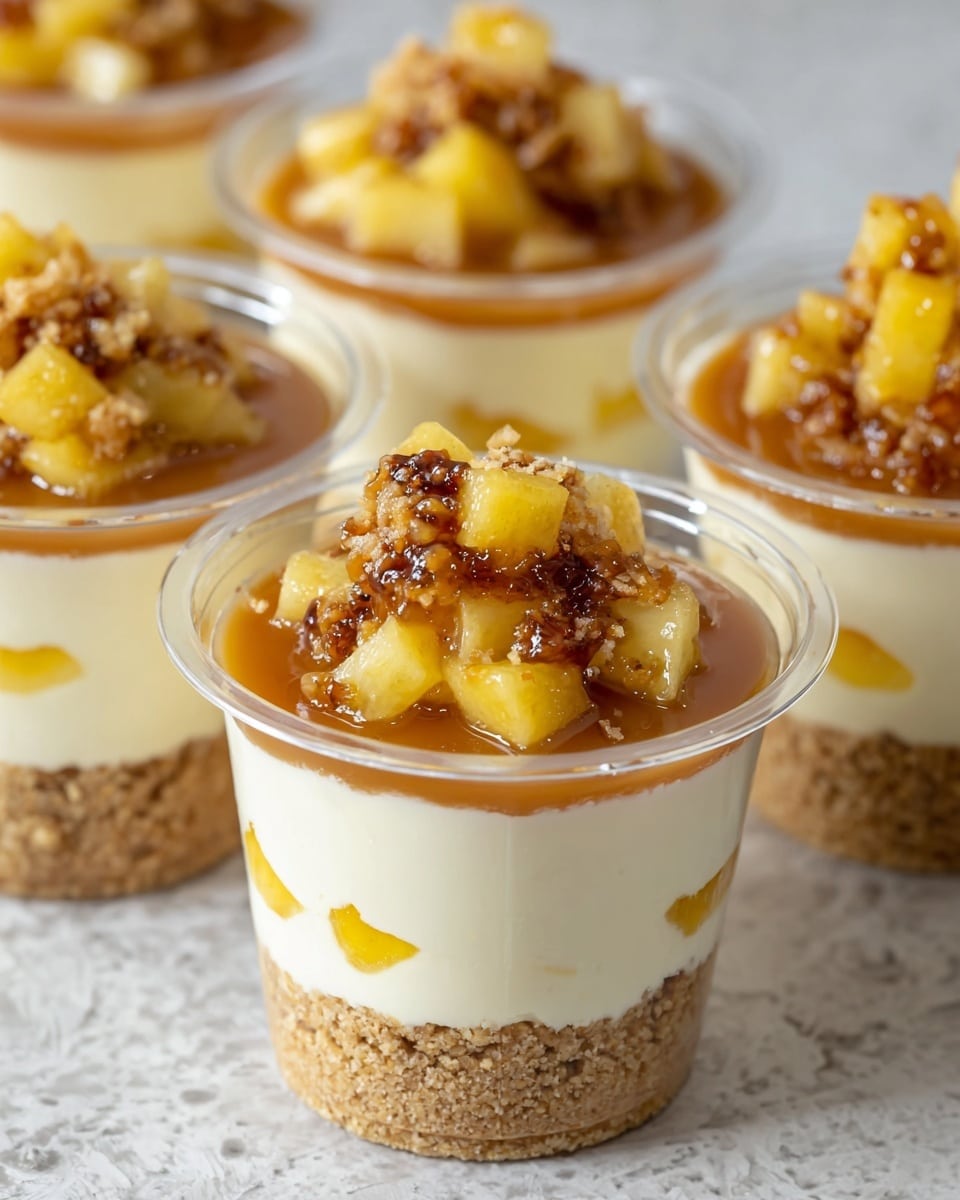The image shows clear plastic cups filled with a dessert that has four visible layers. The bottom layer is a crumbly, light brown crust that looks soft and thick. Above that is a creamy, off-white cheesecake layer with small yellow fruit pieces embedded inside. The third layer is a smooth, glossy caramel sauce that covers the cheesecake evenly. On top, there are small, golden yellow apple chunks mixed with darker brown caramelized bits, adding texture and color contrast. All the cups are set on a surface with a white marbled texture. photo taken with an iphone --ar 4:5 --v 7