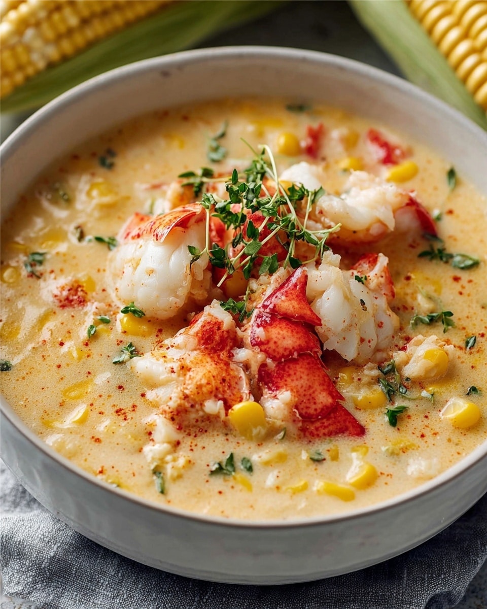 A close-up of a white bowl filled with creamy lobster corn chowder. The chowder has a thick, pale yellow base with visible pieces of yellow corn kernels and bright red lobster chunks mixed throughout. On top are larger pieces of white lobster meat and a lobster claw, lightly sprinkled with red seasoning and small fresh green herb sprigs. The bowl sits on a soft gray cloth against a backdrop that hints at fresh corn. photo taken with an iphone --ar 4:5 --v 7