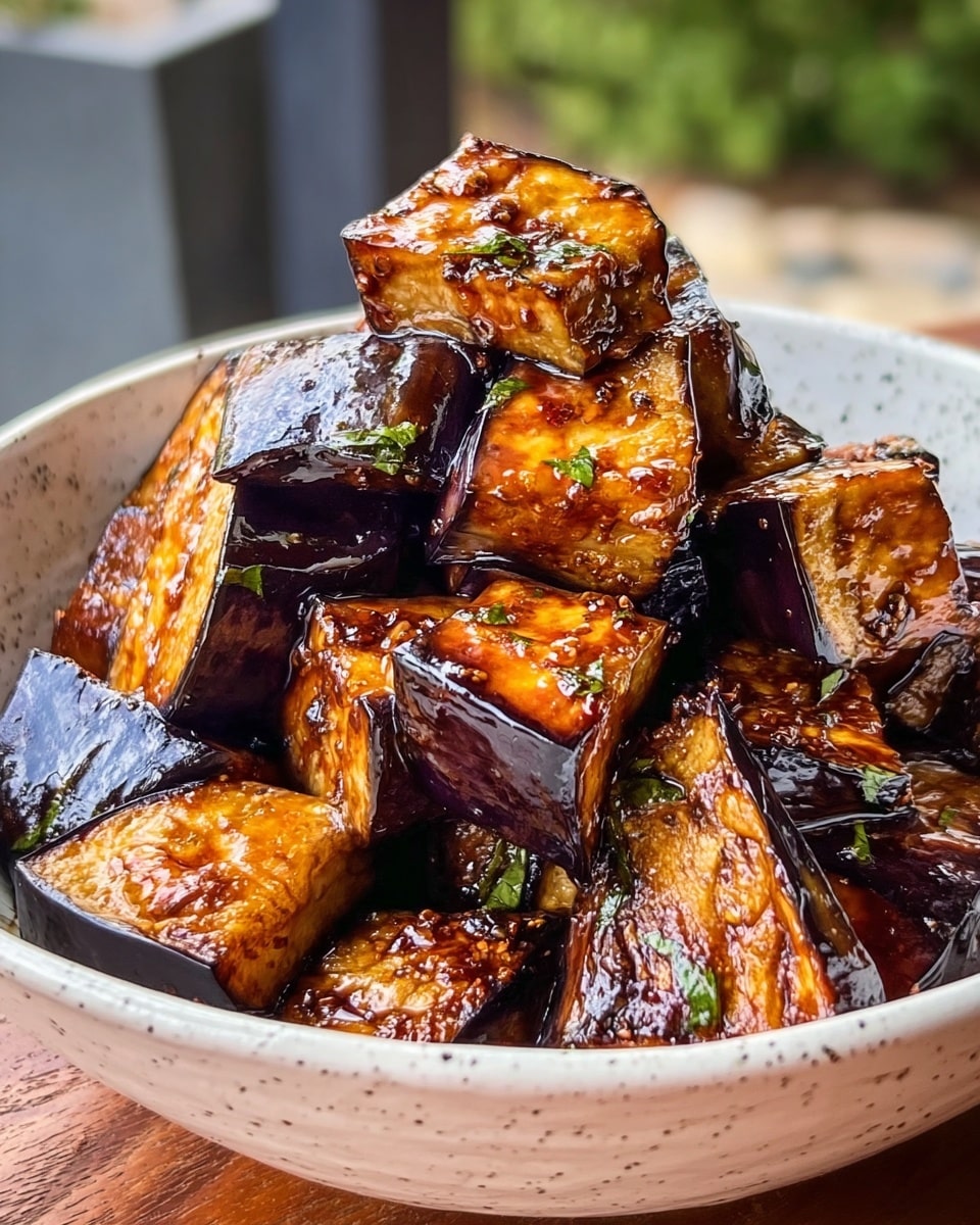 A bowl filled with multiple thick, irregular pieces of cooked eggplant stacked on top of each other, showing dark purple skins with shiny, caramelized brown and slightly charred surfaces that are glistening with a rich sauce. The eggplant pieces have a glossy texture with small bits of herbs lightly sprinkled throughout. The bowl is white with small dark speckles, placed against a blurred outdoor background. photo taken with an iphone --ar 4:5 --v 7