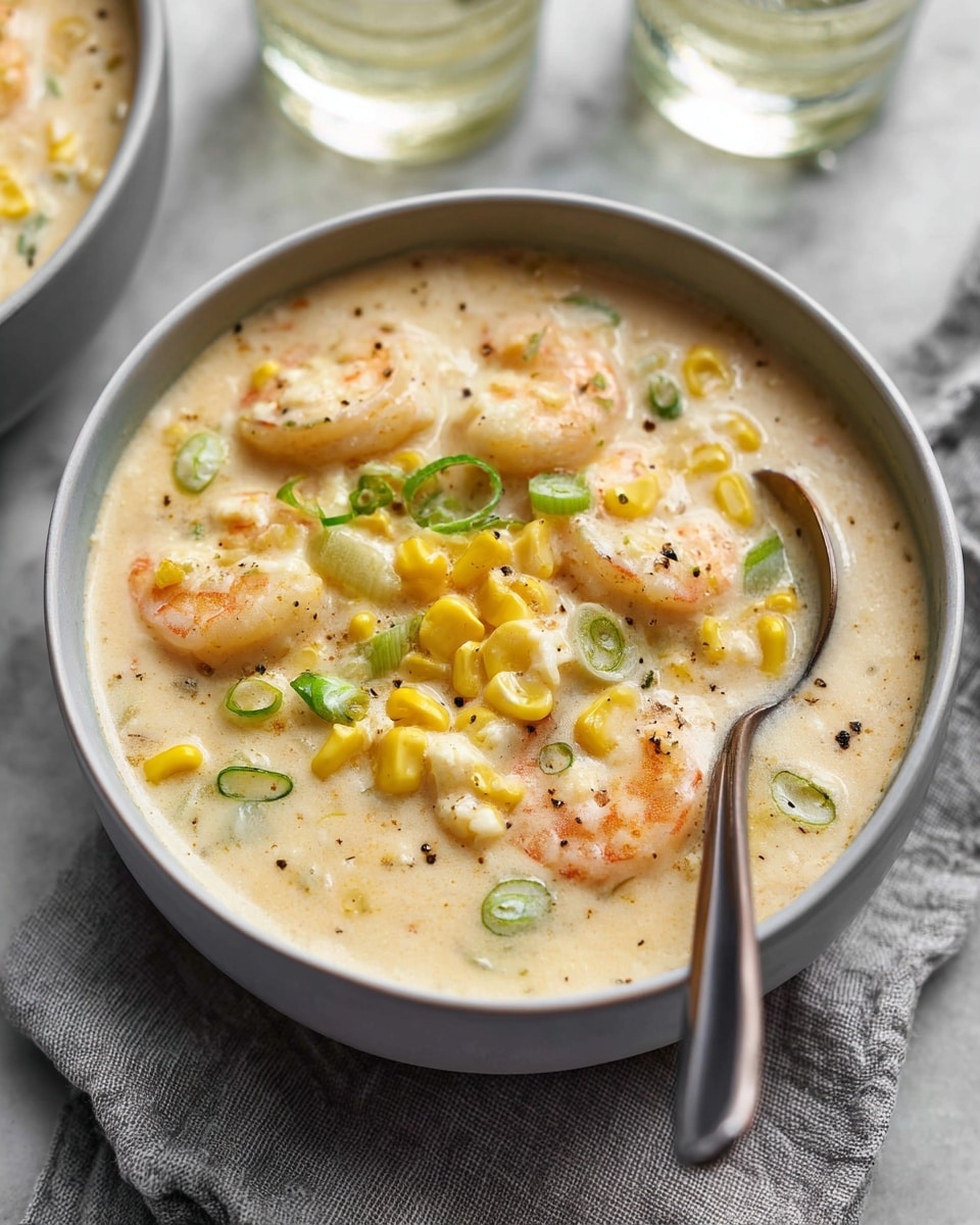A close-up bowl of creamy soup with visible pieces of shrimp, bright yellow corn kernels, and slices of light green scallions floating on top. The soup has a thick, smooth beige base speckled with small bits of black pepper. A silver spoon is partially submerged in the soup, resting on the right side of the bowl. The bowl itself is a simple light gray set on a soft gray cloth, with two clear glasses in the background sitting on a white marbled surface. The texture of the soup looks rich and velvety, with the shrimp showing a light pink-orange color and the corn arranged in small thick slices. photo taken with an iphone --ar 4:5 --v 7