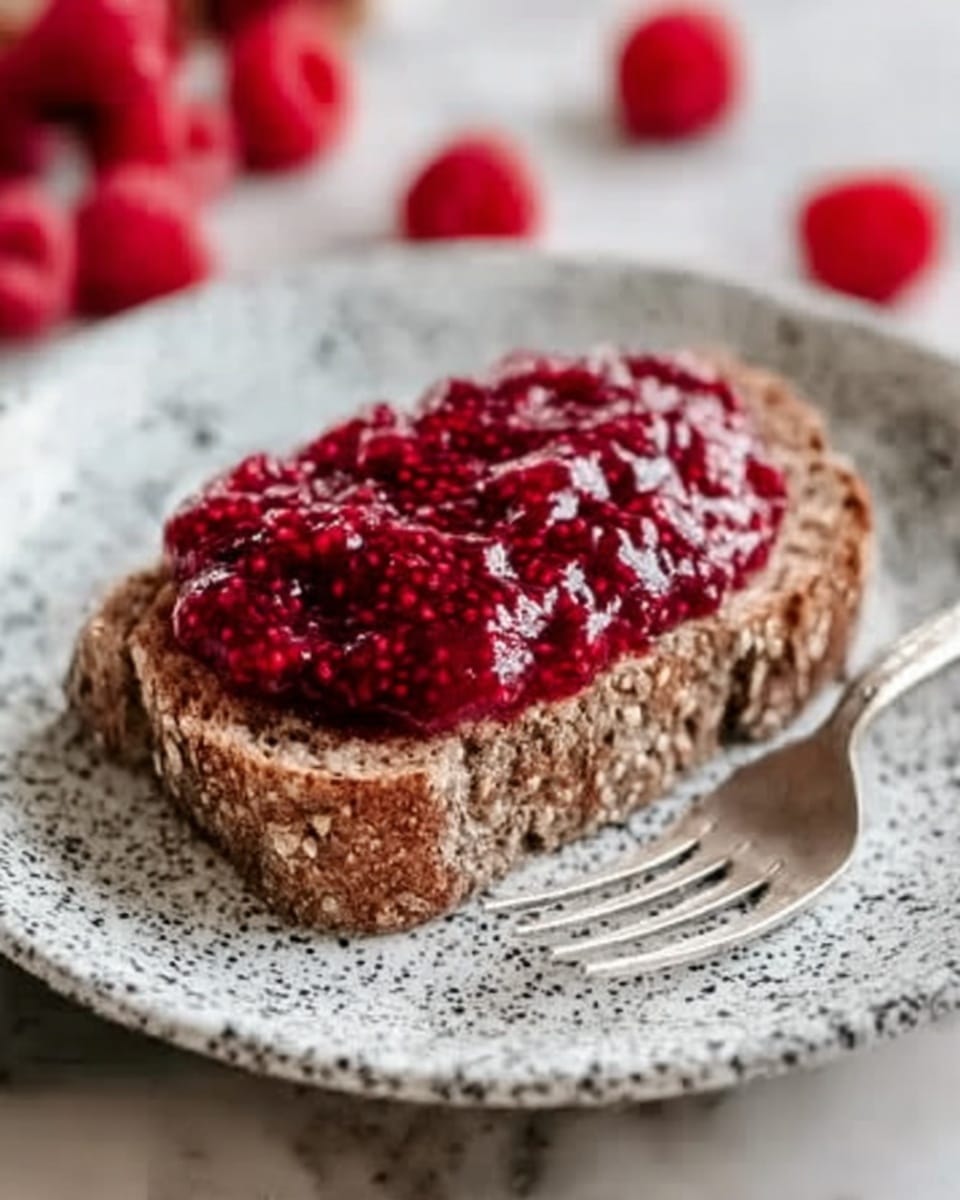 A slice of dark brown seed bread with a rough, grainy texture is placed in the center of a white plate with black speckles. On top of the bread, there is a thick layer of bright red raspberry jam, with visible whole raspberry pieces, giving it a shiny, sticky look. A silver fork is on the right side of the plate, resting gently on the surface. In the background, blurred whole raspberries are scattered on a white marbled surface, adding a soft splash of red. The photo taken with an iphone --ar 4:5 --v 7