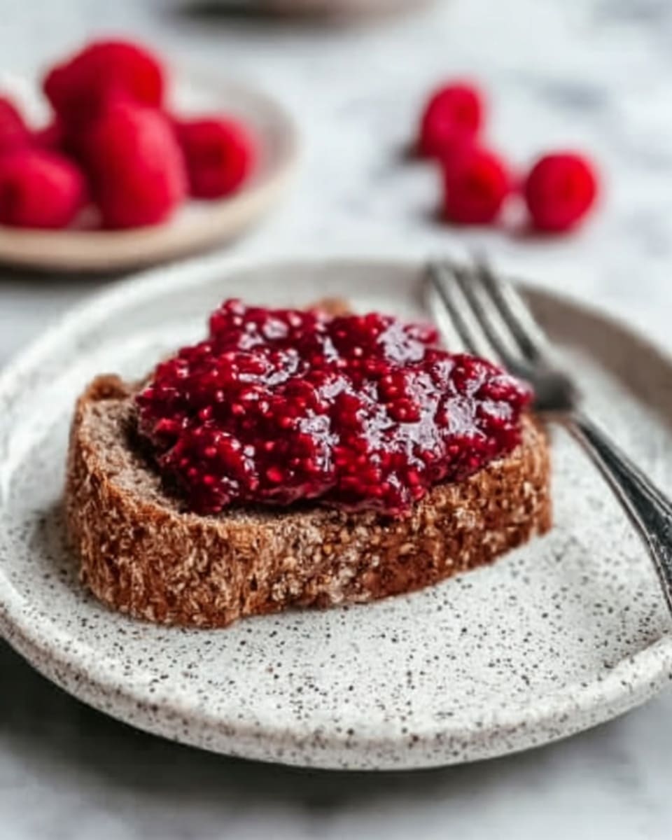 A slice of dark brown bread with a rough texture is placed in the center of a white speckled plate. On top of the bread is a thick, bright red berry jam that looks chunky and glossy, spreading unevenly but richly. In the background, several fresh raspberries in a deep red color are scattered slightly out of focus. A silver fork rests beside the bread on the plate. The whole scene is set on a white marbled surface. Photo taken with an iphone --ar 4:5 --v 7