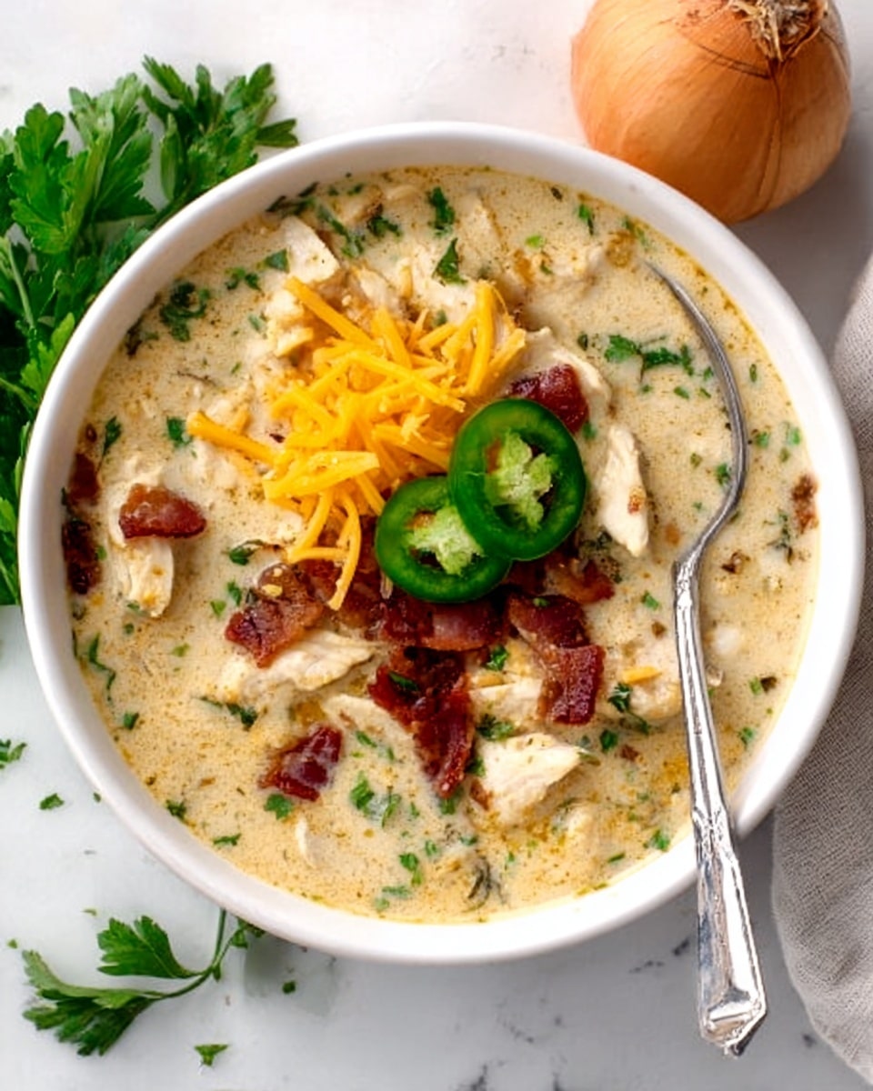 A white bowl filled with creamy chicken soup is shown from above, placed on a white marbled surface. The soup has visible chunks of cooked chicken, green herbs, and crispy pieces of bacon scattered throughout the creamy light beige broth. A small pile of shredded orange cheddar cheese sits in the center on top, with two slices of fresh green jalapeño resting on the cheese. A silver spoon is placed inside the bowl, leaning against the side. Near the top edge of the image, a whole onion and some fresh green parsley are visible. The photo captures the details of the soup’s texture and colors, photo taken with an iphone --ar 4:5 --v 7