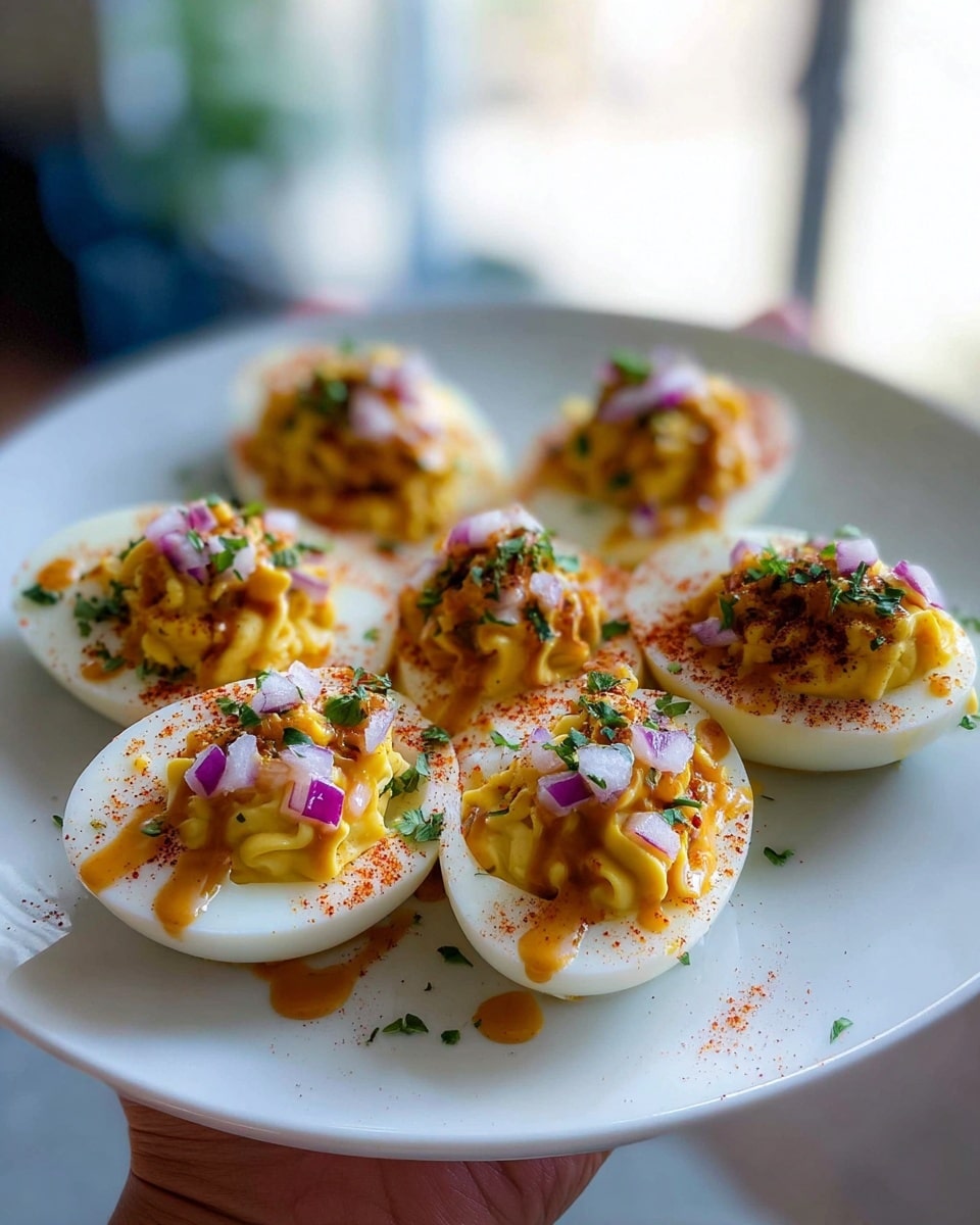 The dish shows six white boiled egg halves arranged on a white plate, each filled with a yellow, crumbly yolk mixture that has bits of corn mixed in. On top of the filling, there are small cubes of purple-red onion, a sprinkle of finely chopped green herbs, and crumbled white cheese. A light orange sauce is drizzled over the eggs and around on the plate, with a dusting of reddish spice powders adding extra color and texture. The background is a white marbled surface, softly blurred. Photo taken with an iphone --ar 4:5 --v 7