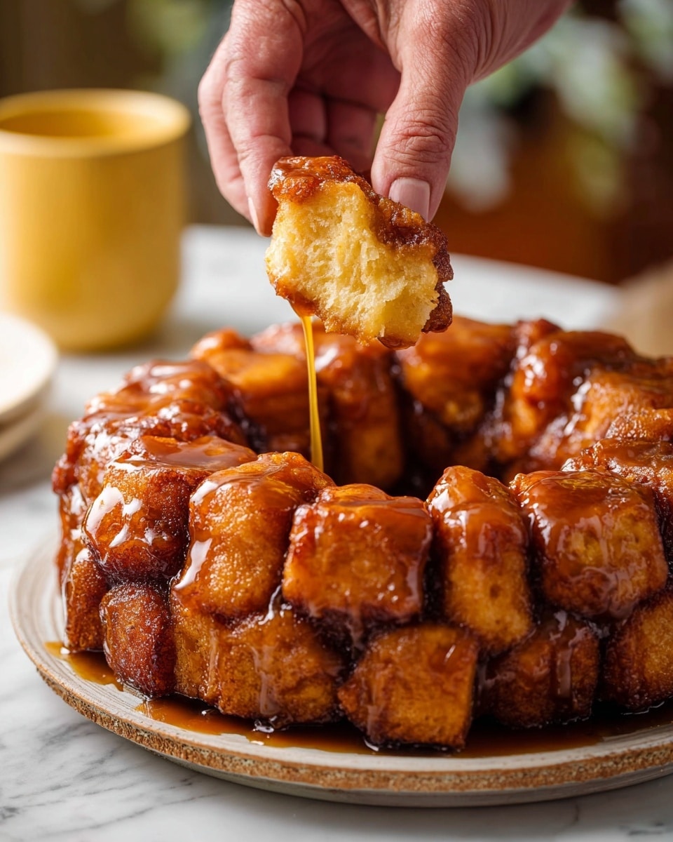 A close-up of a monkey bread ring made of many small square-shaped pieces with a golden brown crispy texture, covered in shiny caramel sauce dripping down the sides. A woman's hand is lifting one piece, showing its soft and airy light yellow inside, with caramel sauce slowly dripping from it. The bread is served on a white plate with a rustic edge, placed on a white marbled surface. In the background, a blurred yellow cup is visible. photo taken with an iphone --ar 4:5 --v 7