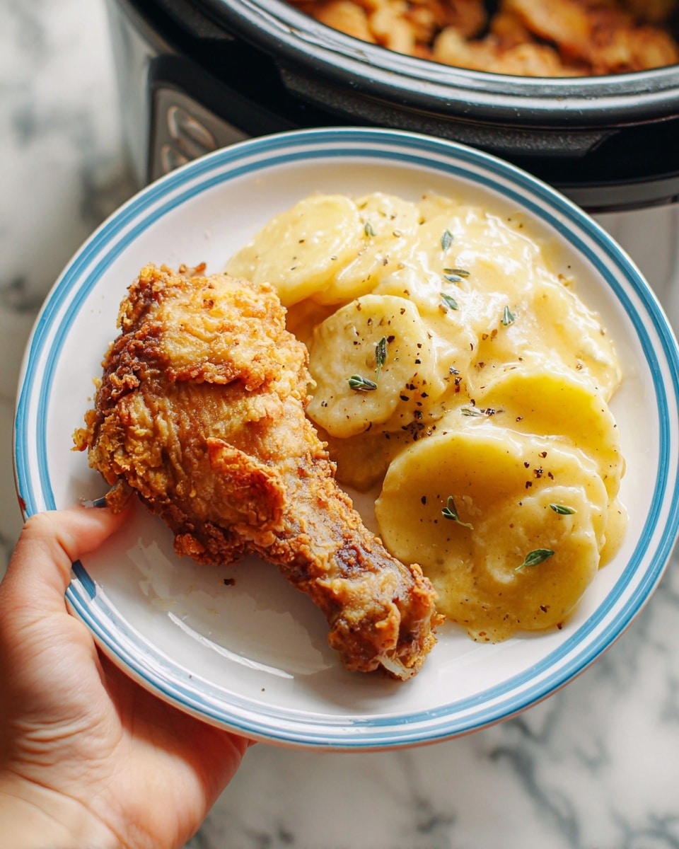 A white plate with a blue rim holds two main layers: on the left, a single golden-brown crispy fried chicken drumstick with a rough, crunchy texture; on the right, a serving of creamy scalloped potatoes with visible round slices layered under a smooth, pale yellow sauce speckled with black pepper and green herbs. A woman's hand is holding the plate from the side. The background is a white marbled texture with blurred fried chicken pieces and a slow cooker visible. Photo taken with an iphone --ar 4:5 --v 7