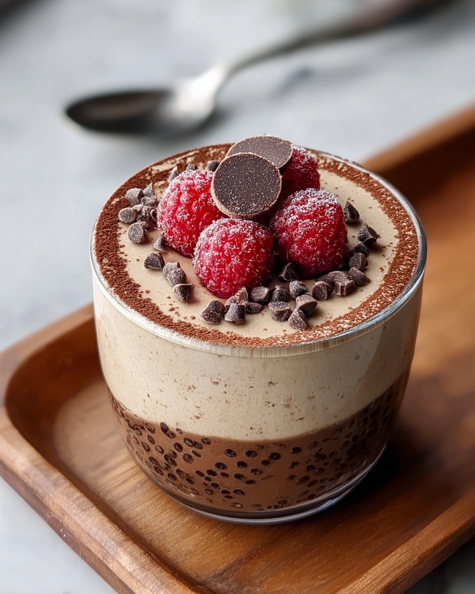 A glass cup shows a layered dessert with two main layers: a thick, textured brown bottom layer and a smooth, light beige top layer. The top is garnished with small dark chocolate chips and larger chocolate chunks scattered across the surface, along with three bright red raspberries in the center. The glass cup sits on a dark wooden square tray that contrasts with the white marbled surface underneath. A metal spoon lies to the side. photo taken with an iphone --ar 4:5 --v 7