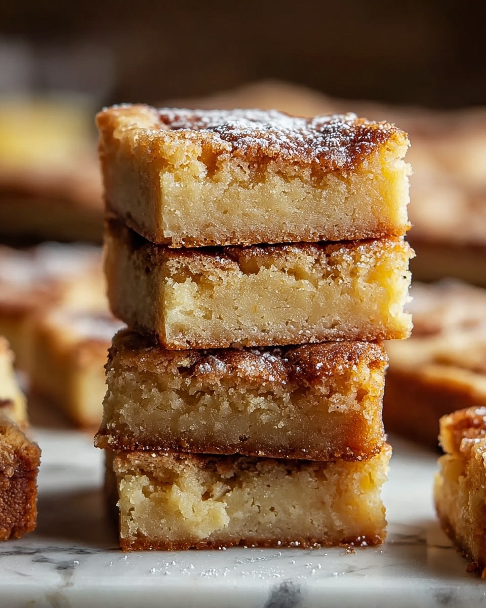 A close-up view of a stack of four square blondies placed on top of each other on a white marbled surface, each blondie having a golden-brown crust on top with a slightly crispy texture, and a moist, dense, pale yellow interior. The top blondie is dusted lightly with powdered sugar. The background shows blurred pieces of more blondies and other baked goods. photo taken with an iphone --ar 4:5 --v 7