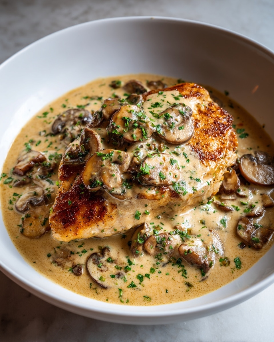 A white bowl holds a golden-brown cooked chicken breast in the center, covered in a creamy light tan sauce sprinkled with finely chopped green herbs. The sauce pools around the chicken, dotted with sliced mushrooms that have a soft, earthy color. The chicken’s edges are crispy and browned, while the sauce looks smooth and rich. The herbs add fresh green color contrast on top and around the dish. The bowl sits on a white marbled textured surface. Photo taken with an iphone --ar 4:5 --v 7