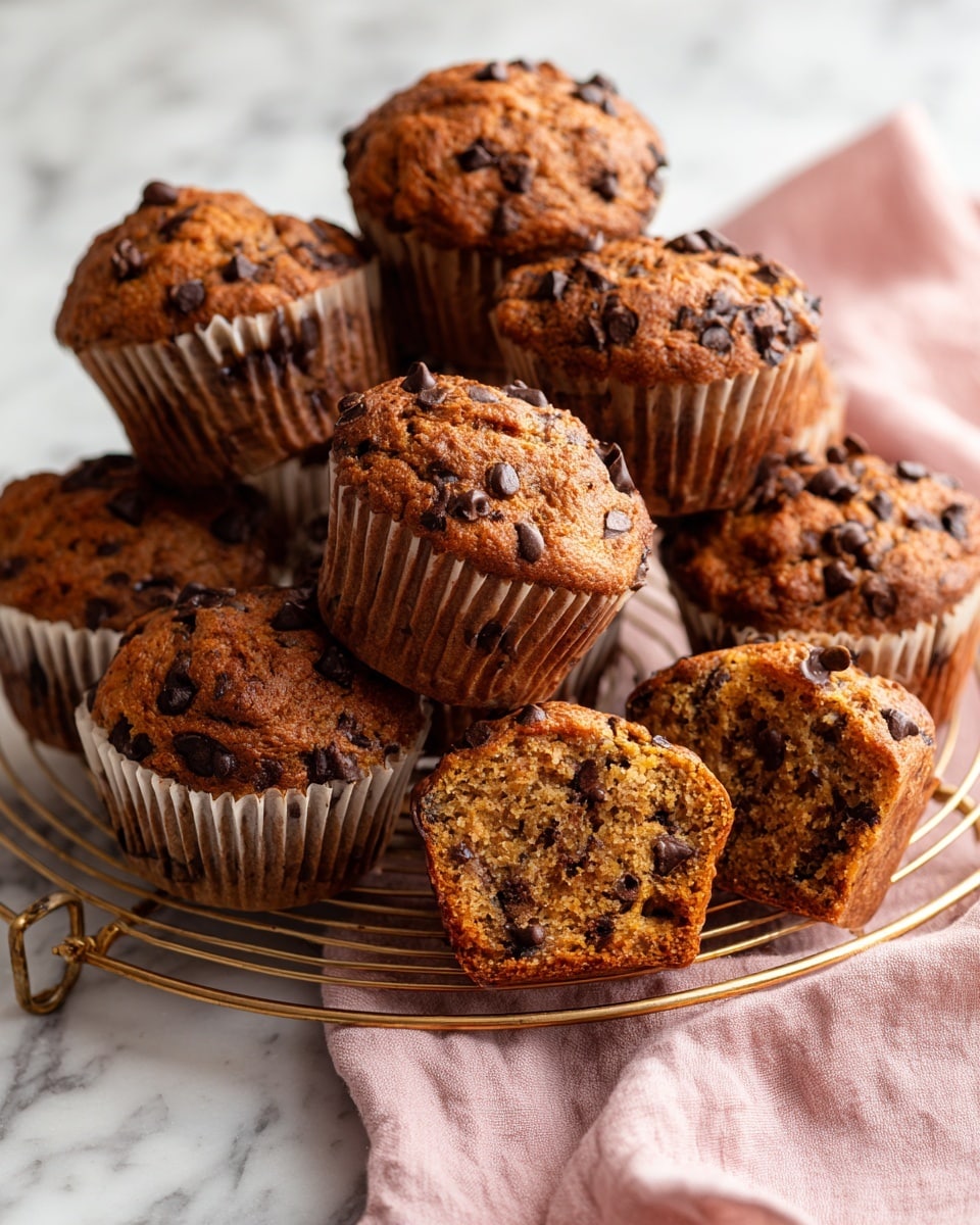 The image shows ten thick, golden-brown muffins studded with large dark brown chocolate chips on a gold cooling rack over a white marbled surface. The muffins have a slightly rough, moist texture and some are presented upright in white paper liners while two are cut in half to reveal a dense, textured inside with specks of chocolate dispersed throughout. A soft pink cloth lies beneath one muffin at the bottom of the image, adding a gentle pop of color. The whole scene is bright and warm, emphasizing the rich, home-baked feel of the muffins. Photo taken with an iphone --ar 4:5 --v 7