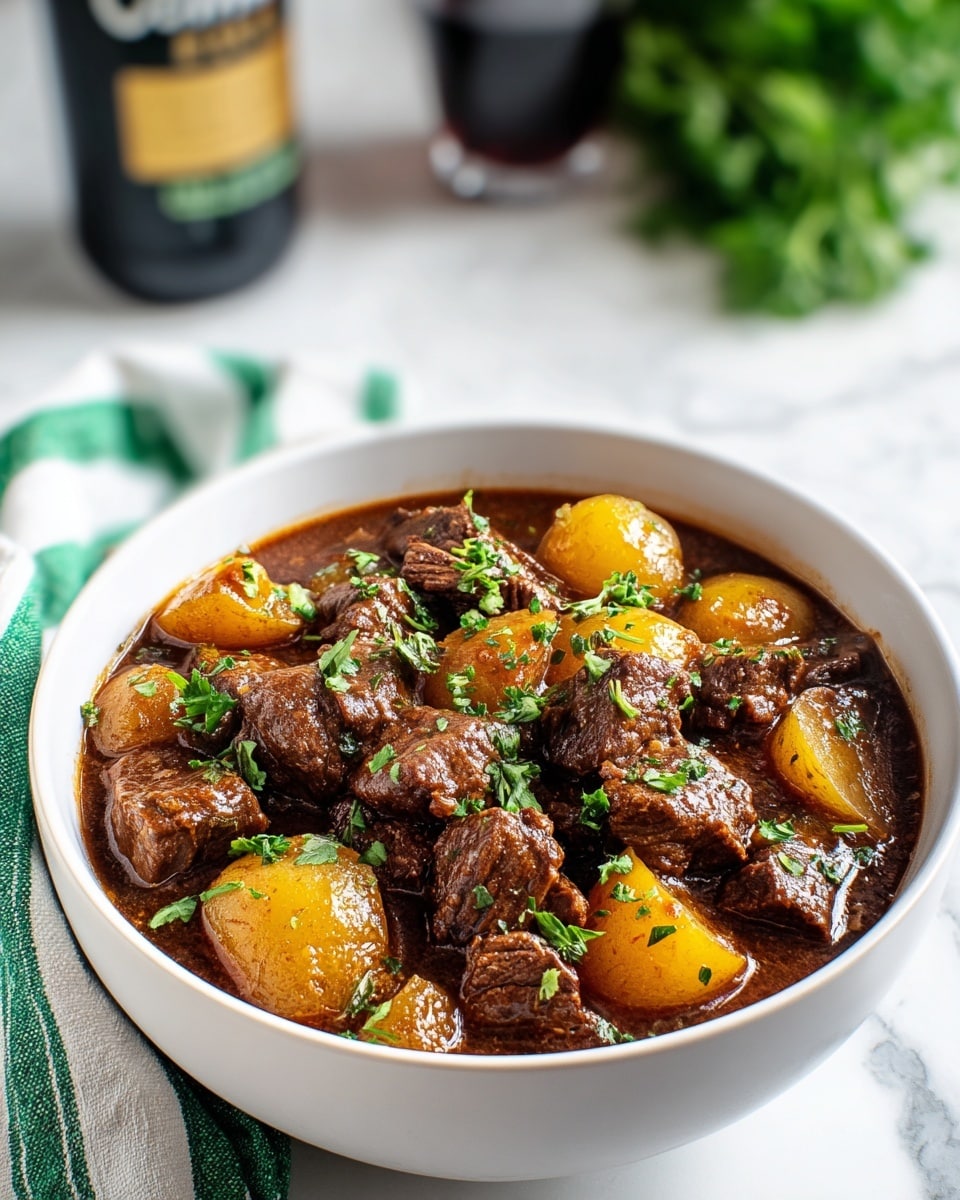 A white bowl filled with a rich beef stew, showing several dark brown chunks of tender beef mixed with golden yellow potato pieces and small bits of translucent onion. The stew has a thick, deep brown sauce covering all ingredients, and fresh green parsley leaves are sprinkled on top for color. The bowl sits on a white marbled surface, with a green and white striped cloth napkin beside it and blurred background items including a bottle and some greenery. photo taken with an iphone --ar 4:5 --v 7