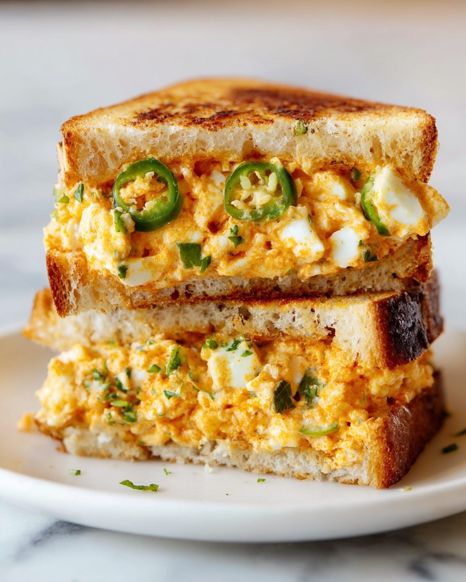 The image shows two slices of a sandwich stacked on a white plate with a white marbled surface. Each sandwich slice has three visible layers: the bottom and top layers are light brown toasted bread with a slightly crunchy texture, and the middle layer is a vibrant mix of orange and white, creamy and chunky, made from a spread with chopped boiled eggs mixed in. Inside the creamy layer, there are a few bright green jalapeño slices and small bits of green herbs scattered throughout, adding a fresh contrast to the rich, orange spread. The top slice is placed vertically on the bottom slice, showing the filling clearly with some toasted brown spots on the spread. Photo taken with an iphone --ar 4:5 --v 7