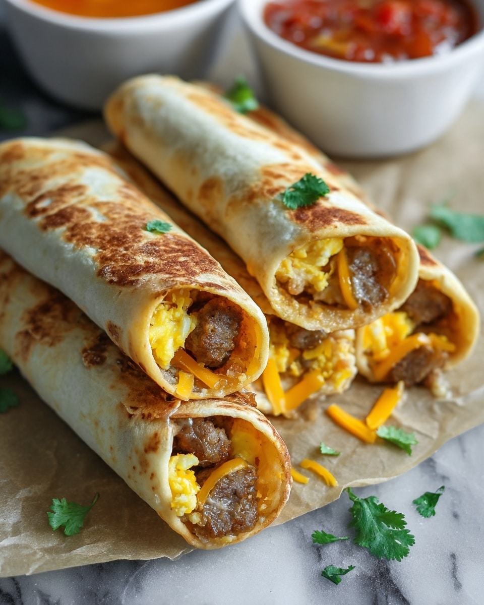 A close-up view of four rolled tortillas filled with three visible layers: the bottom layer is a slightly browned, soft tortilla wrap, the middle layer contains cooked sausage pieces with a browned texture and scrambled yellow eggs, and the top layer is melted shredded cheddar cheese in bright orange. The wraps lay on a piece of parchment paper, with small green cilantro leaves scattered around them. In the background, there are two blurred white bowls, one filled with a red salsa-like sauce and the other with a chunky red-orange sauce. The whole scene sits on a white marbled surface. Photo taken with an iphone --ar 4:5 --v 7