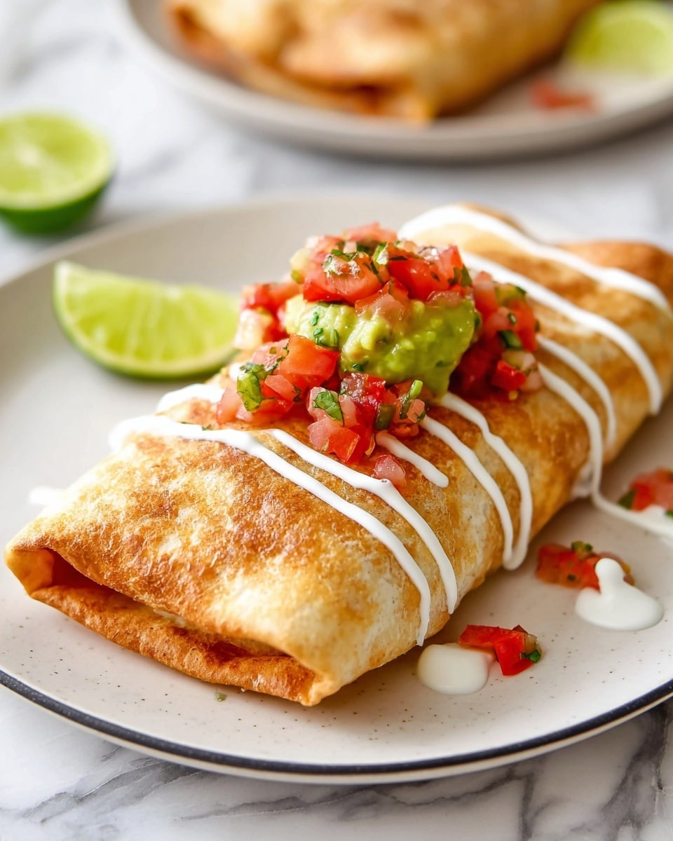 The image shows a golden-brown folded and crispy burrito placed in the center of a white plate with a thin black rim, resting on a white marbled surface. The burrito has three white zigzag lines of creamy sauce drizzled across its top layer. On top, there is a small heap of colorful pico de gallo made of finely chopped red tomatoes, green peppers, and onions, along with a dollop of green guacamole. To the left, a fresh lime wedge is placed on the plate. The photo is sharply focused on the burrito with a blurred background showing another similar burrito and additional lime. photo taken with an iphone --ar 4:5 --v 7