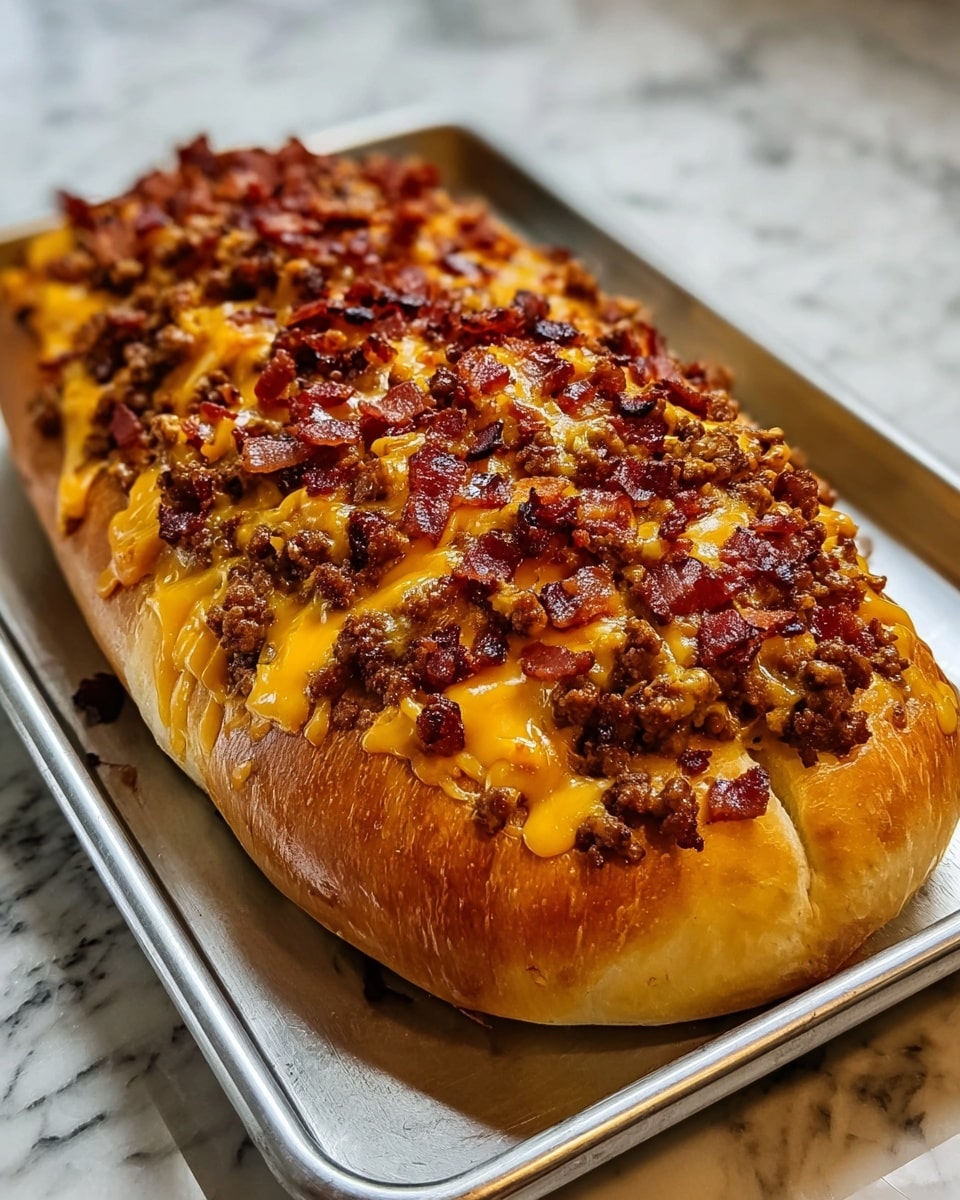 A large, oval-shaped bread base with a shiny golden brown crust sits on a metal tray. On top, there are two thick layers: the first is a layer of crumbled cooked ground beef with a textured, slightly crumbly brown appearance, and the second is melted cheddar cheese dripping down the sides in vibrant orange streaks. Scattered generously on top of the cheese are small, crispy bacon bits with a deep reddish-brown color. The dish is placed on a white marbled surface. photo taken with an iphone --ar 4:5 --v 7