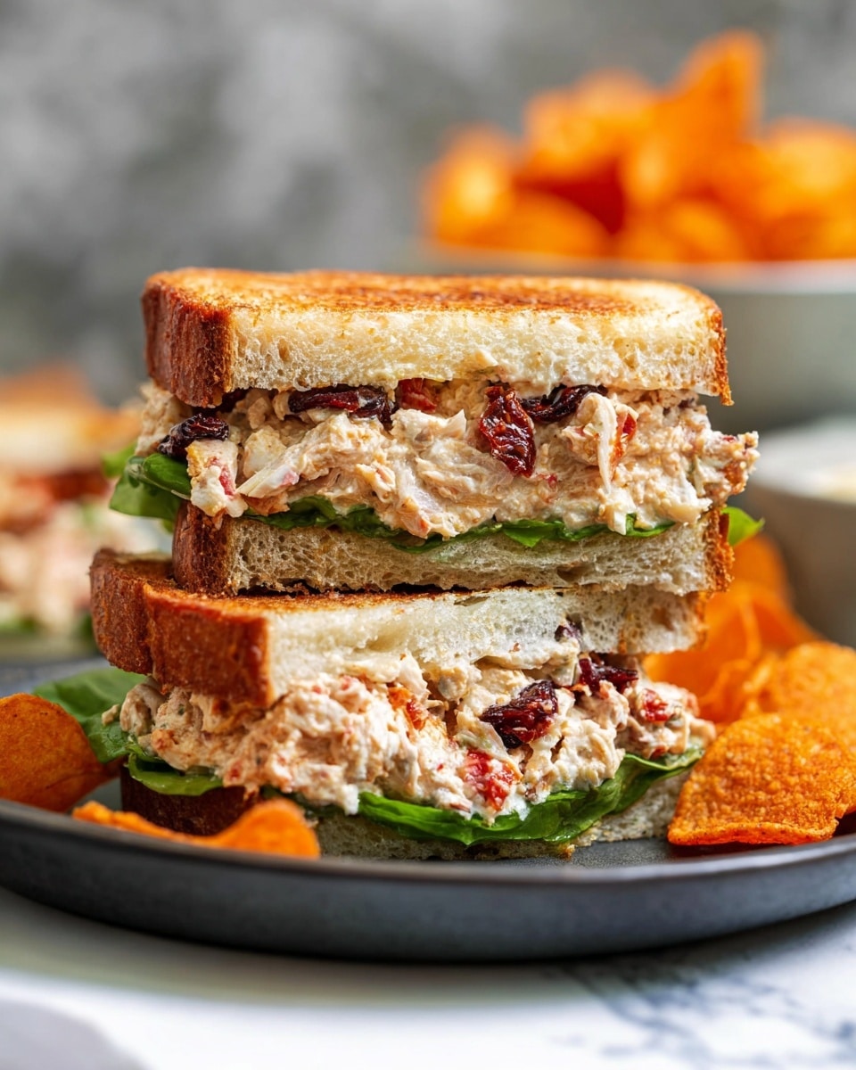 The image shows a close-up of a sandwich cut in half stacked on a dark plate, placed on a white marbled surface. The sandwich has two thick layers of toasted bread with a golden-brown crust. Inside, the first layer visible is some green leafy lettuce at the bottom, followed by a chunky mix of shredded chicken combined with sun-dried tomatoes and herbs, appearing moist and mixed with some creamy sauce. Above this, there is a thick slab of white cheese. This same sequence repeats once more with the lettuce, shredded chicken mix with sun-dried tomatoes, and white cheese, all sandwiched between the toasted bread. Around the plate are scattered orange and light tan crispy chips. In the background, a bowl is blurred but visible, suggesting more chips. Photo taken with an iphone --ar 4:5 --v 7