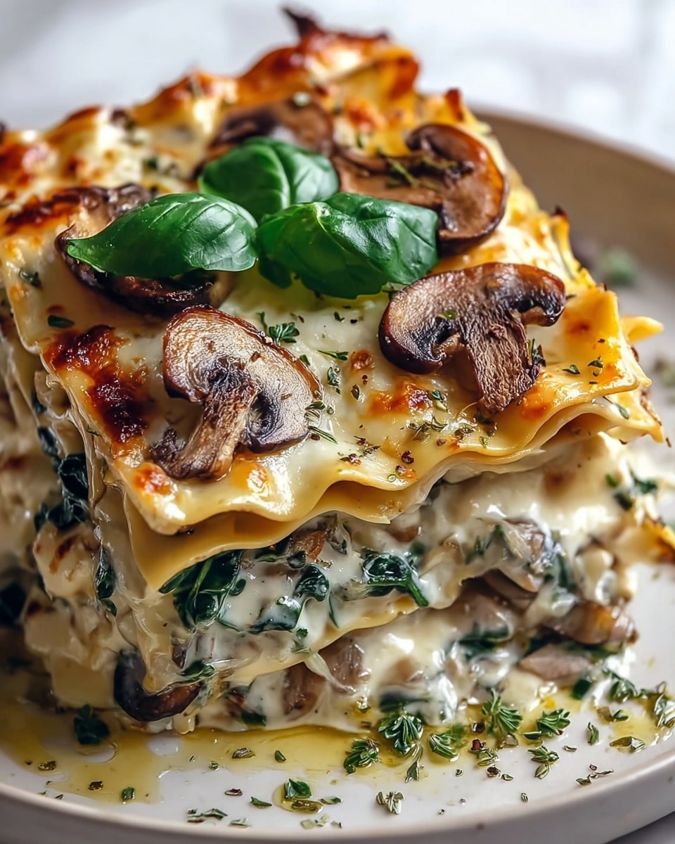 A close-up view of a four-layer lasagna slice is shown on a white plate. The top layer is golden-brown pasta with melted cheese and sliced sautéed mushrooms, garnished with two bright green basil leaves. Below it, the second layer has creamy white sauce mixed with mushrooms. The third layer includes cooked spinach leaves and more creamy sauce between wavy pasta. The bottom layer is pasta with some sauce and mushrooms peeking out, all touched by a drizzle of olive oil and sprinkled herbs around the plate, placed on a white marbled texture. photo taken with an iphone --ar 4:5 --v 7