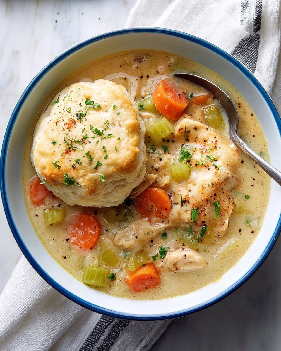 A white bowl with a blue rim holds a thick stew with visible layers including golden brown cooked pieces of chicken, bright orange carrot slices, and light green celery chunks in a creamy beige sauce. On top, there is a large, soft, pale beige biscuit sprinkled with chopped green herbs and cracked black pepper. A silver spoon rests inside the bowl, partially submerged in the stew, all placed on a white marbled surface with a white cloth featuring black stripes beside it. photo taken with an iphone --ar 4:5 --v 7
