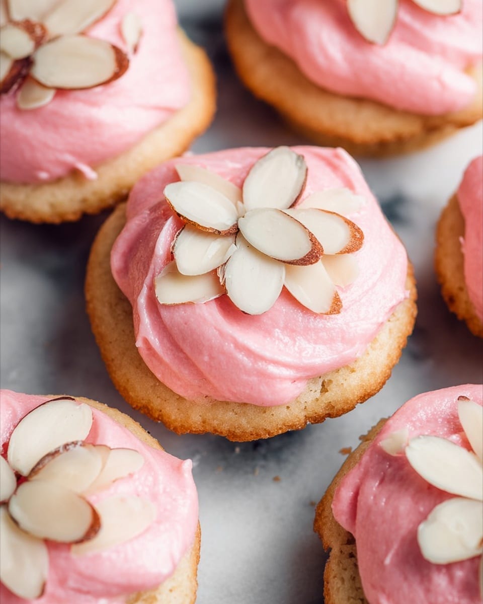 The image shows small round cupcakes with a light golden base that looks soft and slightly crumbly. Each cupcake is topped with a thick layer of smooth pink frosting spread evenly over the top. On top of the frosting, there are several slices of almonds arranged in a flower pattern, with their light cream color and brown edges clearly visible. The cupcakes are placed closely together on a white marbled surface. The overall look is bright and inviting, with a simple yet pretty decoration style. photo taken with an iphone --ar 4:5 --v 7
