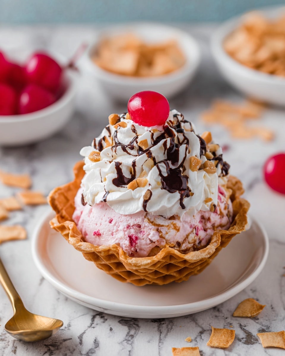 The image shows a dessert with three main layers in a crispy waffle bowl placed on a white plate with a gold spoon beside it. The bottom layer is the light brown waffle bowl with a textured, grid pattern. Inside, the first visible layer is a fluffy pink cream with small bits of red fruit mixed in. On top of this is a thick white whipped cream, swirled with smooth, soft peaks. The whipped cream is decorated with drizzles of dark chocolate sauce and sprinkled with small pieces of chopped nuts. A single bright red cherry with a stem sits right in the center at the top. In the background, there are bowls with red cherries and broken waffle pieces on a white marbled surface. photo taken with an iphone --ar 4:5 --v 7