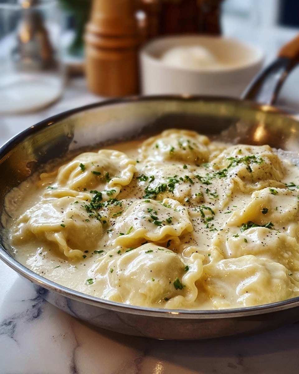 The image shows a metal pan filled with a creamy white sauce holding several plump ravioli pieces. Each ravioli is pale yellow, soft, and slightly wrinkled, sitting partially submerged in the sauce. The sauce looks smooth and thick, covering most of the ravioli evenly. Small green herb bits are sprinkled on top of the ravioli and sauce, adding a fresh touch. The pan is placed on a white marbled surface, and the background is softly blurred with hints of kitchen items. photo taken with an iphone --ar 4:5 --v 7