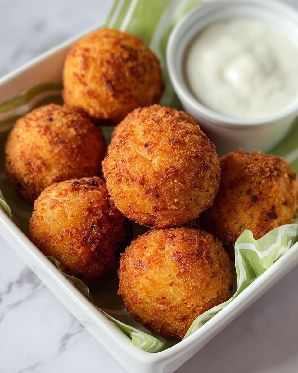 The image shows several round, golden-brown fried balls with a rough, crispy texture placed on a green leaf inside a white dish. One ball is partly dipped into a small white cup filled with smooth, creamy white sauce. The balls have an uneven surface with small bits visible from frying. The background has a clean white marbled texture. photo taken with an iphone --ar 4:5 --v 7