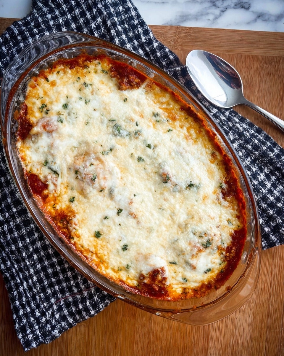 The image shows a baked dish in a clear glass oval baking dish placed on a wooden surface with a black and white checkered cloth partially underneath it. The dish has a thick top layer of melted cheese that is golden brown in some parts and white with green herb flecks in other areas. Beneath the cheese, patches of red tomato sauce peek through toward the edges. Next to the dish is a shiny silver spoon. The background is a white marbled texture. photo taken with an iphone --ar 4:5 --v 7