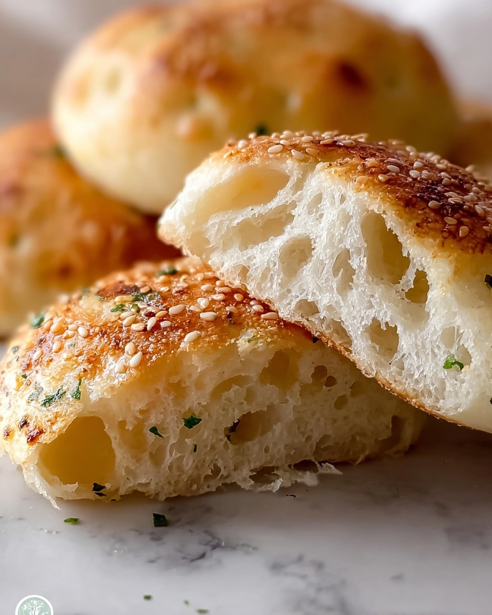 The image shows a close-up of soft, round bread with a golden-brown crust sprinkled with sesame seeds and bits of green herbs. The bread is broken open to show its fluffy, airy inside with large, irregular holes and a light cream color. The top crust is slightly shiny and textured, highlighting its crispness. The bread pieces rest on a white marbled surface, and the focus is on the texture contrasts between the crispy crust and the soft interior. photo taken with an iphone --ar 4:5 --v 7