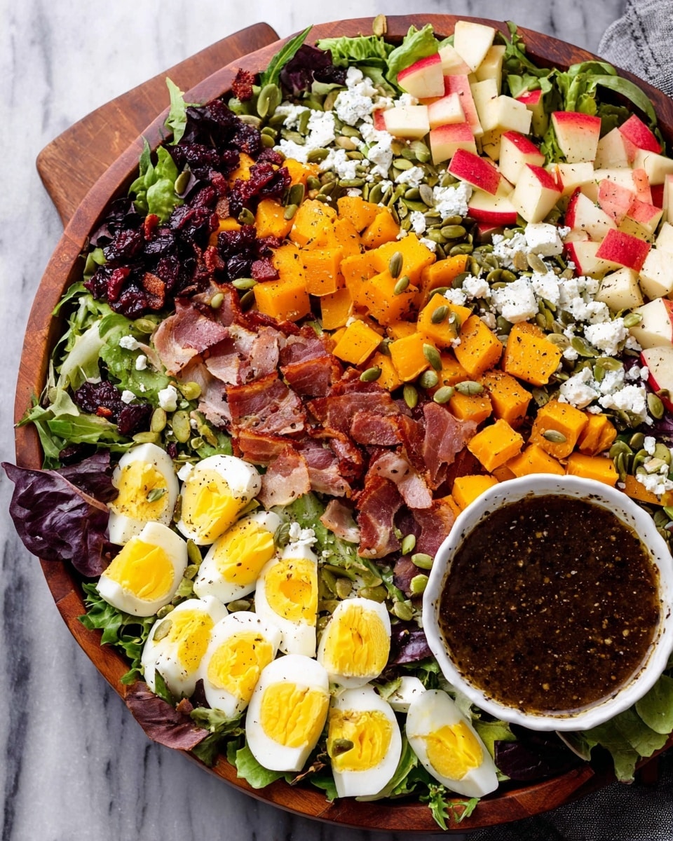 A large wooden salad bowl filled with a fresh mixed green leaf base that has different shades of green and purple. On top of the greens, there is a colorful build with distinct layers: quartered hard-boiled eggs with bright yellow yolks and white edges arranged on the right side, next to chopped red apple pieces with white flesh, and scattered creamy white crumbled cheese all over. There are golden roasted cubed butternut squash pieces spread in a diagonal middle section, with crispy brown bacon strips layered between the eggs and squash. Dark red dried cranberries add a rich contrast near the bottom, and green pumpkin seeds are sprinkled throughout. A small white bowl filled with dark, thick dressing with visible pepper specks sits nearby on a white marbled surface. The overall look is fresh, colorful, and textured, full of fall colors and contrasting shapes photo taken with an iphone --ar 4:5 --v 7