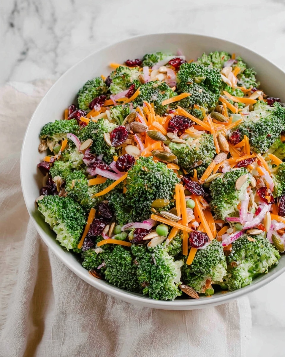 A large white bowl filled with a fresh broccoli salad made of several layers, starting with bright green broccoli florets as the base. On top, there are thin, soft orange shredded cheese pieces scattered evenly, mixed with small red dried cranberries and light brown sunflower seeds. Small bits of white and pink diced onion pieces add texture, along with some creamy white dressing drizzled throughout, making the salad look colorful and fresh. The bowl is set on a white marbled surface with a soft white cloth nearby. Photo taken with an iphone --ar 4:5 --v 7