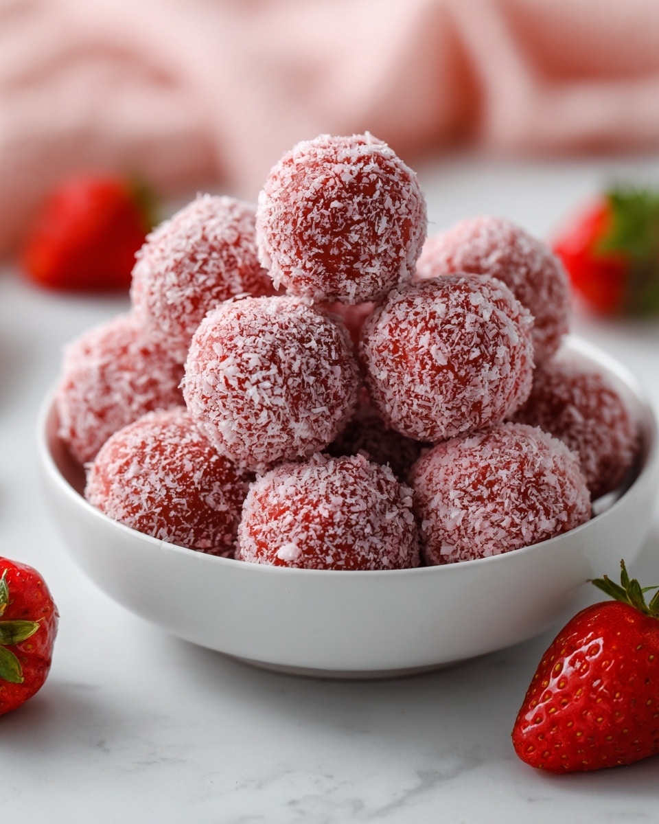 A white bowl filled with about twenty small round balls, each ball is light red with a powdery white coating that looks like sugar or powdered sugar, giving them a rough texture. The balls are stacked in a little heap inside the bowl. Around the bowl on a white marbled surface, there are a few fresh strawberries, bright red with green leaves, adding a fresh look. In the background, a pink cloth is softly blurred. The photo is clear and bright, showing the texture and colors of the balls well. photo taken with an iphone --ar 4:5 --v 7