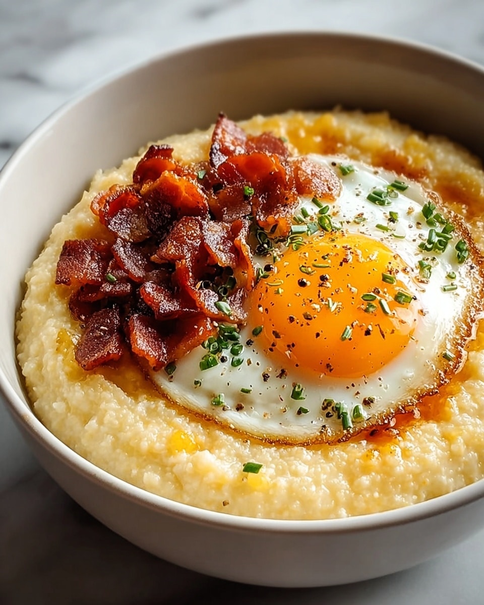 A bowl filled with a creamy, pale yellow base layer of grits with a soft, slightly bumpy texture that fills the bowl up to the edges. On top, a sunny-side-up egg with a bright orange yolk, surrounded by a firm, slightly browned white that covers nearly half the grits. Next to the egg, a small pile of crispy bacon pieces with a deep reddish-brown color, their curled texture adding contrast. The egg and bacon are sprinkled with bits of green herbs and black pepper, adding specks of color and texture. The bowl is white and placed on a white marbled surface. photo taken with an iphone --ar 4:5 --v 7