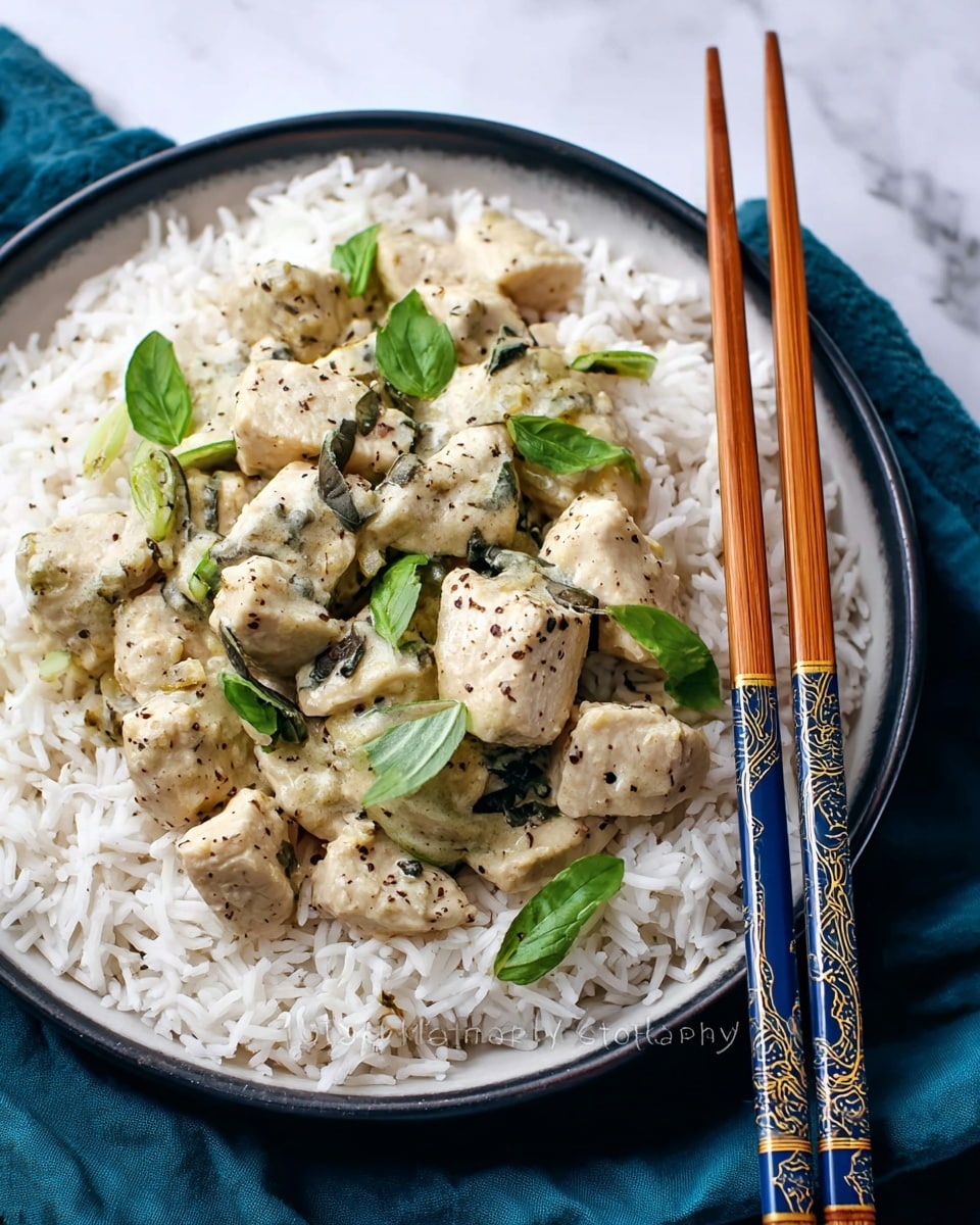 A close-up of a round deep white plate set on a white marbled surface with a dark teal cloth beneath it, filled with two layers: the bottom layer is long-grain white rice spread evenly around the plate's edge, and the top layer is creamy chicken pieces mixed with green onion slices and scattered small fresh basil leaves, showing a light beige creamy sauce coating the chicken chunks with visible specks of black pepper, positioned in the center surrounded by rice. Two wooden chopsticks with blue and gold patterns rest diagonally on the plate, crossing near the top right edge. Photo taken with an iphone --ar 4:5 --v 7