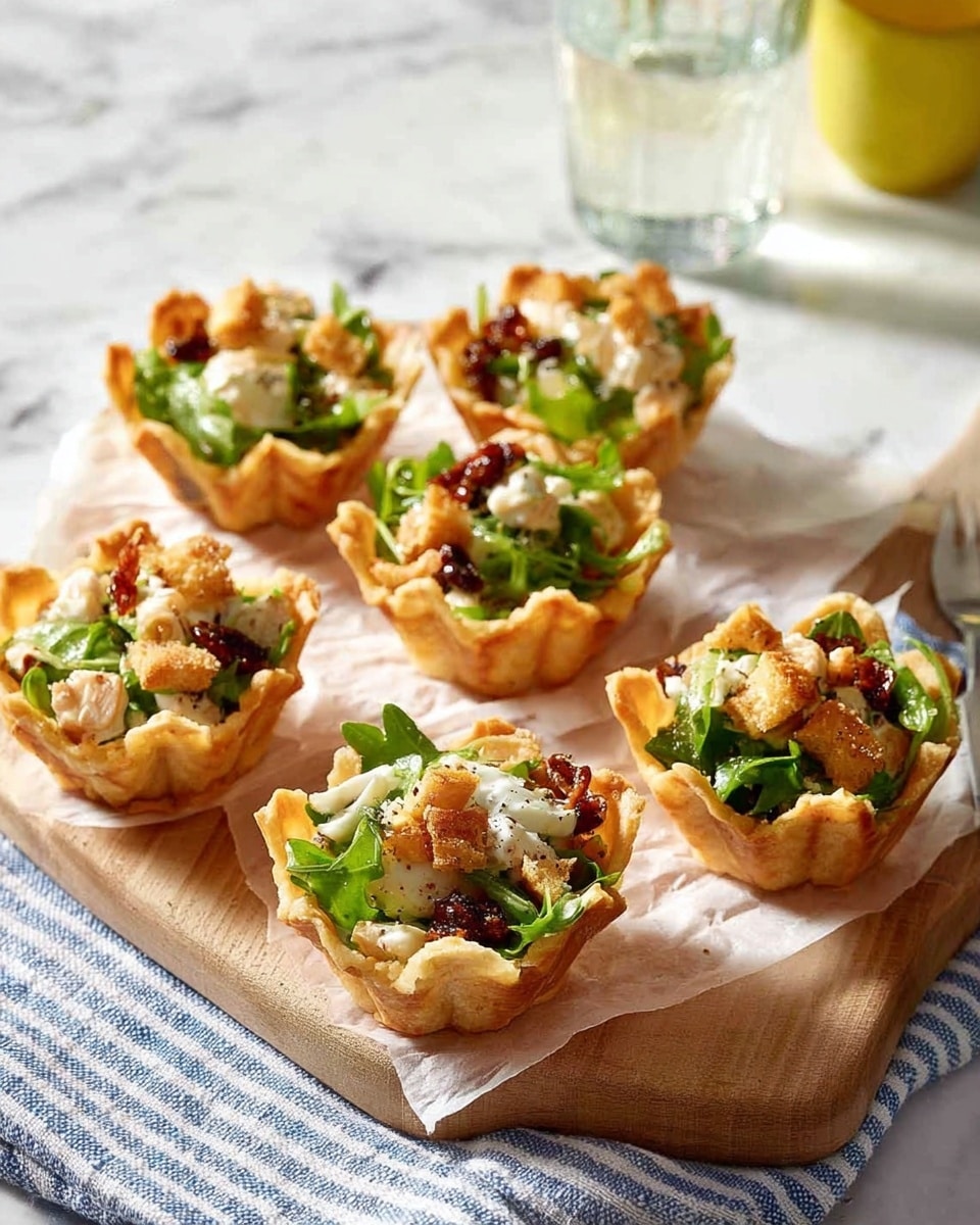 There are six small tartlets arranged on a wooden board lined with parchment paper, placed on a white and blue striped cloth over a white marbled surface. Each tartlet has a crispy, golden-brown crust shaped like a flower with five wavy edges. Inside, there is a green leafy salad layer topped with white or light cream-colored chunks of chicken or cheese. On top, small golden croutons and tiny pieces of dark brown bacon or nuts are scattered, along with a light drizzle of dressing. The background shows a clear glass of water and a yellow cup blurred softly. The lighting is bright and natural, making the colors of the tartlets vivid and fresh. photo taken with an iphone --ar 4:5 --v 7