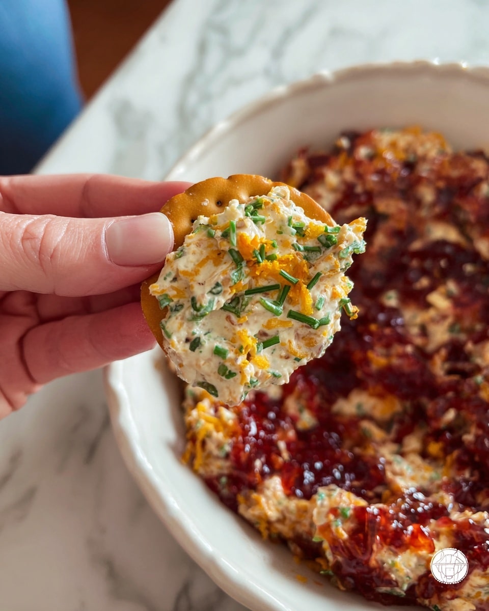 A close-up view of a woman's hand holding a round pretzel chip topped with a thick layer of creamy dip mixed with finely chopped green herbs and orange cheese bits, and a glossy, deep red jelly spread underneath. Below, a large shallow white bowl filled with the same deep red jelly mixed with creamy, textured dip is visible on a white marbled surface. The jelly has a shiny, slightly chunky texture, contrasting with the creamy and colorful dip that contains bits of nuts and herbs. photo taken with an iphone --ar 4:5 --v 7